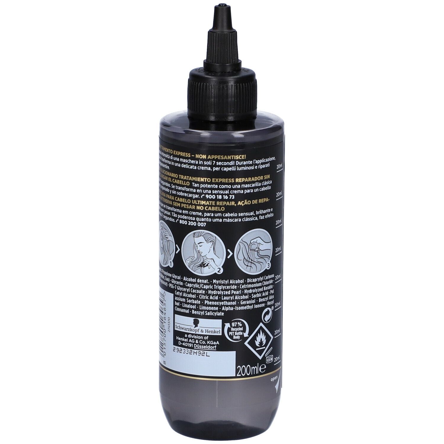 Flacone Schwarzkopf Gliss. Flacone nero con beccuccio dosatore. Scritta GLISS, 7 sec, Ultimate Repair.