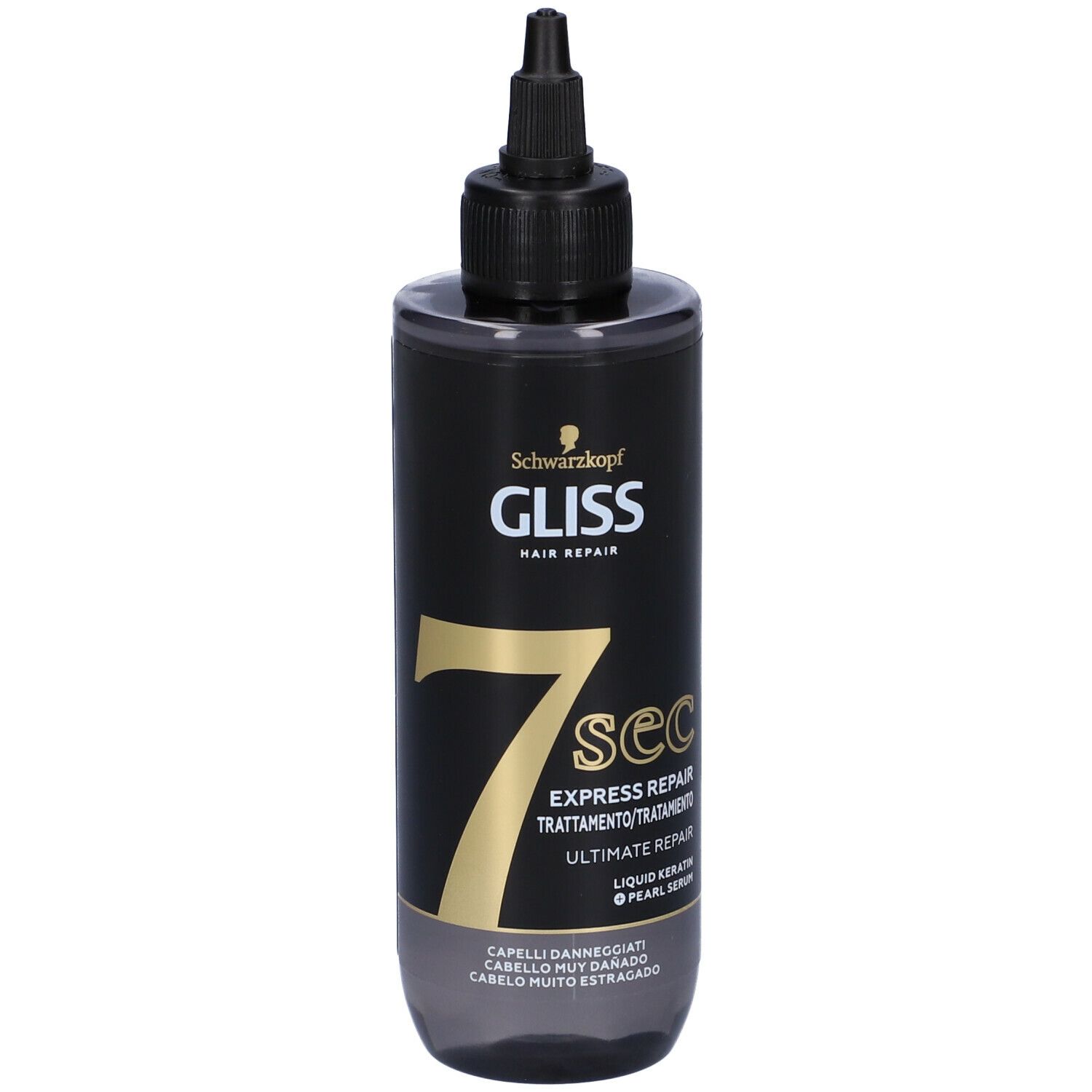 Flacone Schwarzkopf Gliss. Flacone nero con beccuccio dosatore. Scritta GLISS, 7 sec, Ultimate Repair.