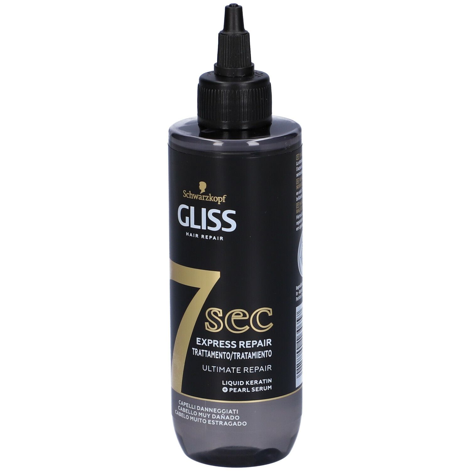 Flacone Schwarzkopf Gliss. Flacone nero con beccuccio dosatore. Scritta GLISS, 7 sec, Ultimate Repair.