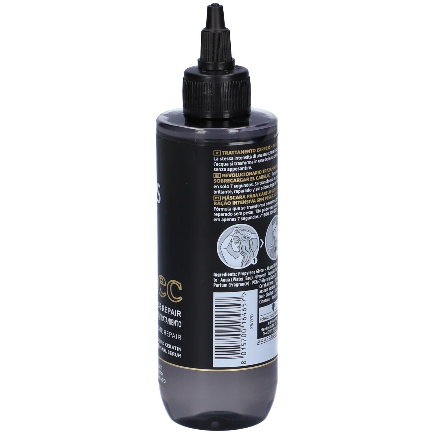 Flacone Schwarzkopf Gliss. Flacone nero con beccuccio dosatore. Scritta GLISS, 7 sec, Ultimate Repair.