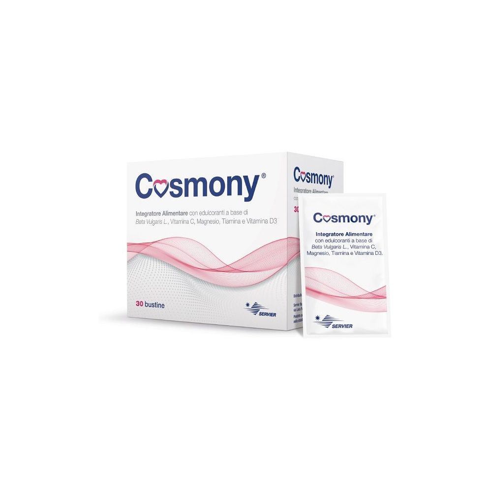 Confezione di 30 bustine Cosmony. Scritta e logo. Una bustina singola è visibile.