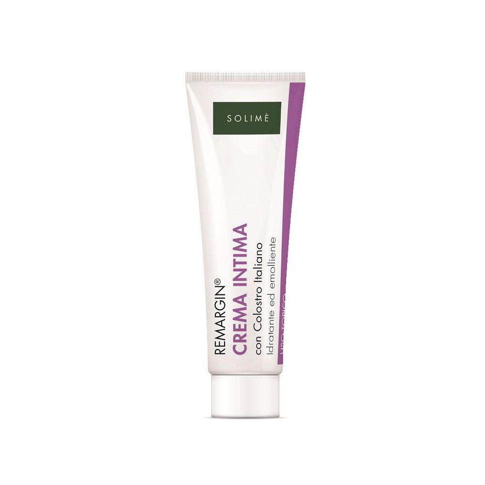 Tubo bianco-viola. Testo: REMARGIN CREMA INTIMA, con Colostro italiano, Solimé. Stampa verde.