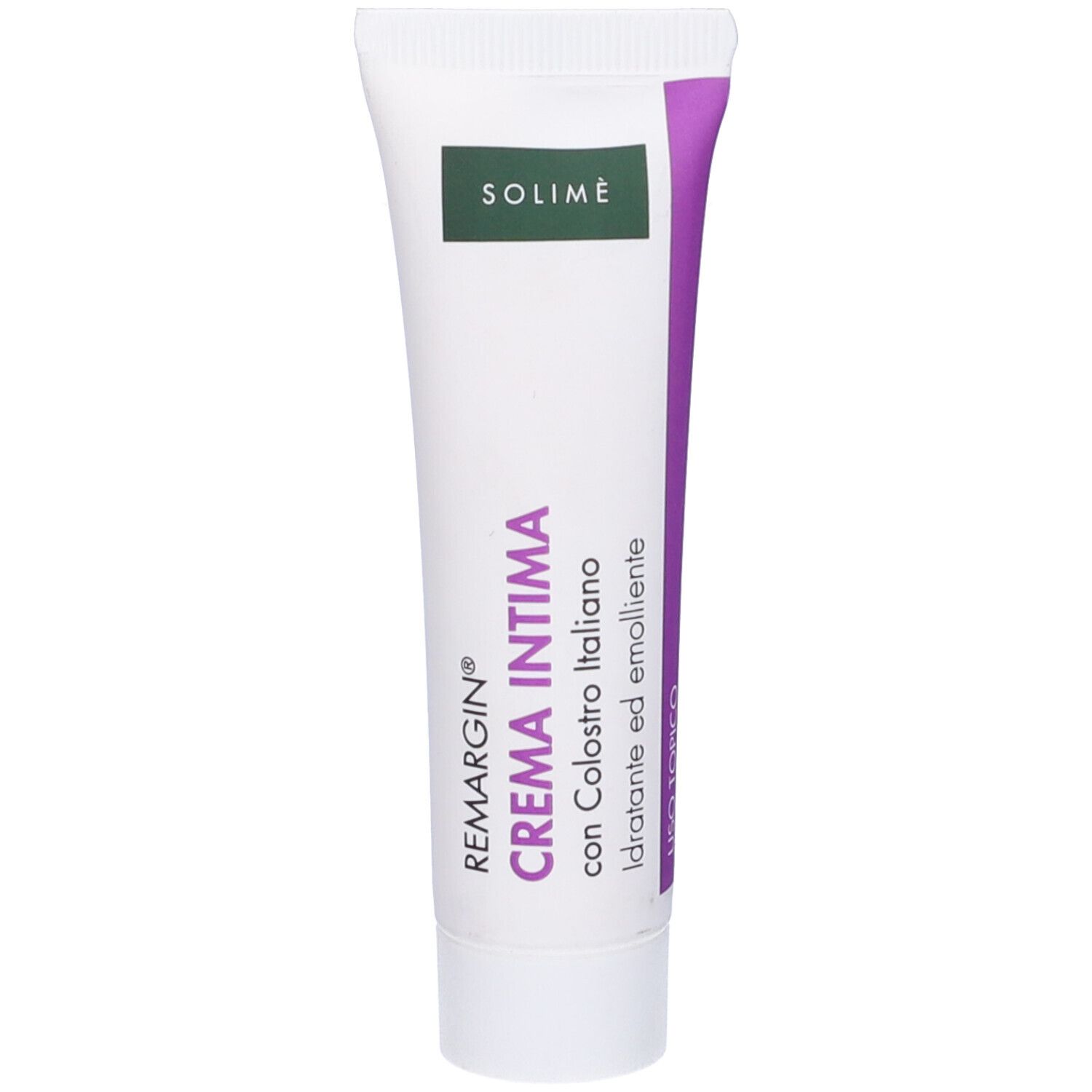 Tubo bianco-viola. Testo: REMARGIN CREMA INTIMA, con Colostro italiano, Solimé. Stampa verde.