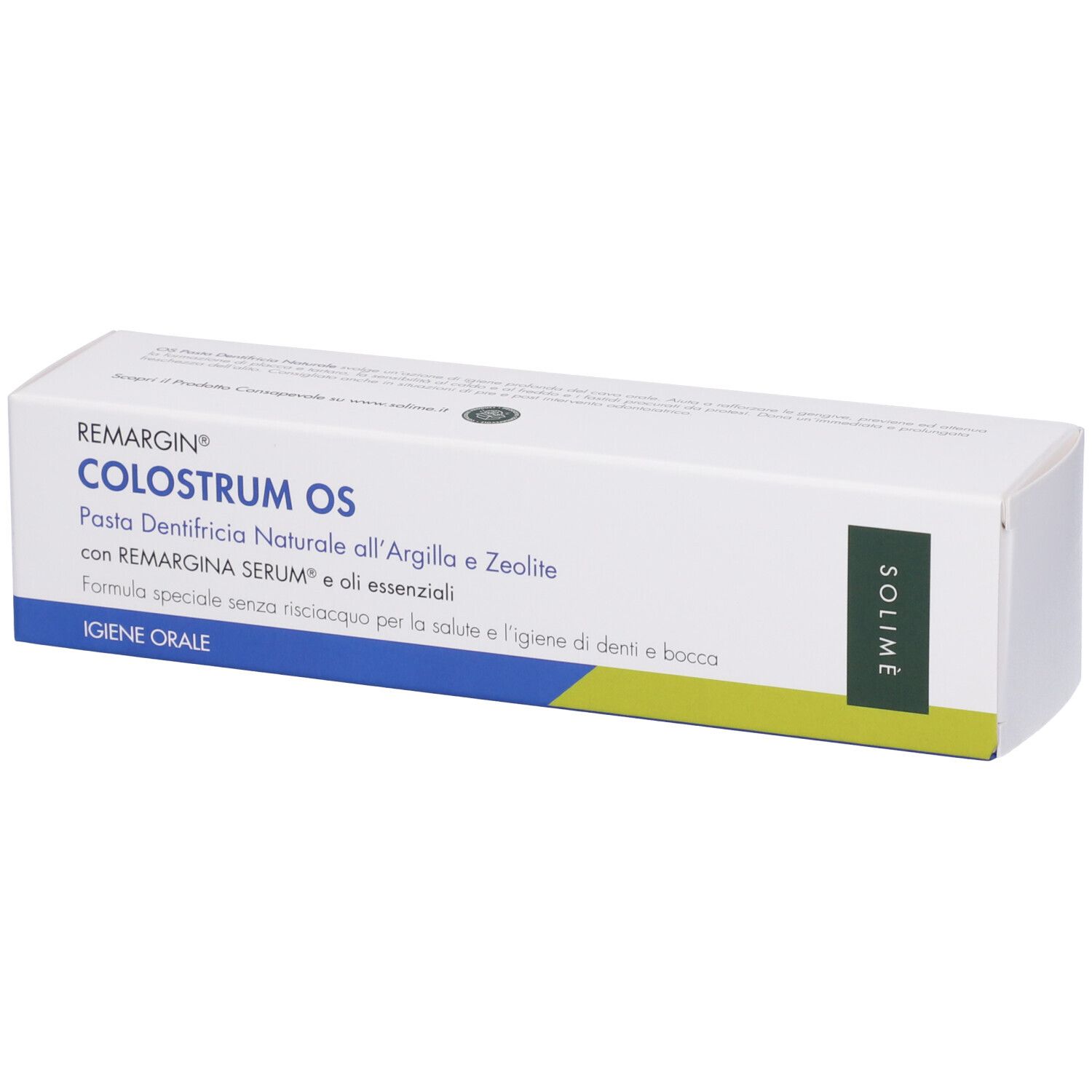 Confezione di dentifricio bianca con dettagli verdi. Testo: Remargin Colostrum OS, Pasta Dentifricia Naturale, Solimé.