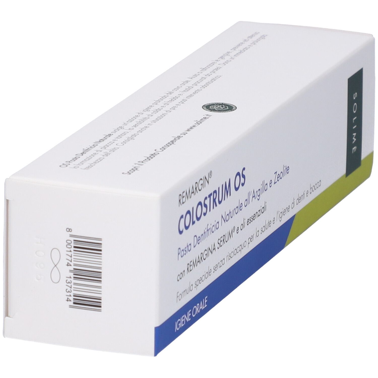 Confezione di dentifricio bianca con dettagli verdi. Testo: Remargin Colostrum OS, Pasta Dentifricia Naturale, Solimé.