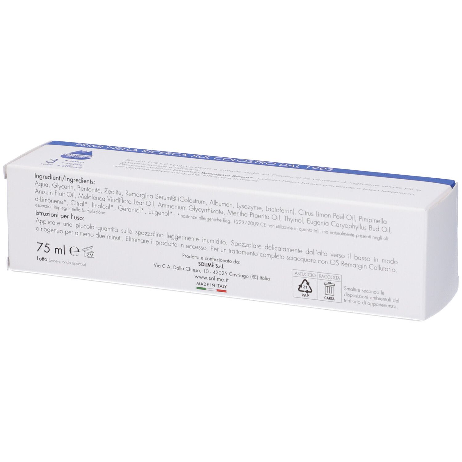 Confezione di dentifricio, retro, bianca con dettagli blu. Testo: Ingredienti, 75 ml, informazioni produttore.