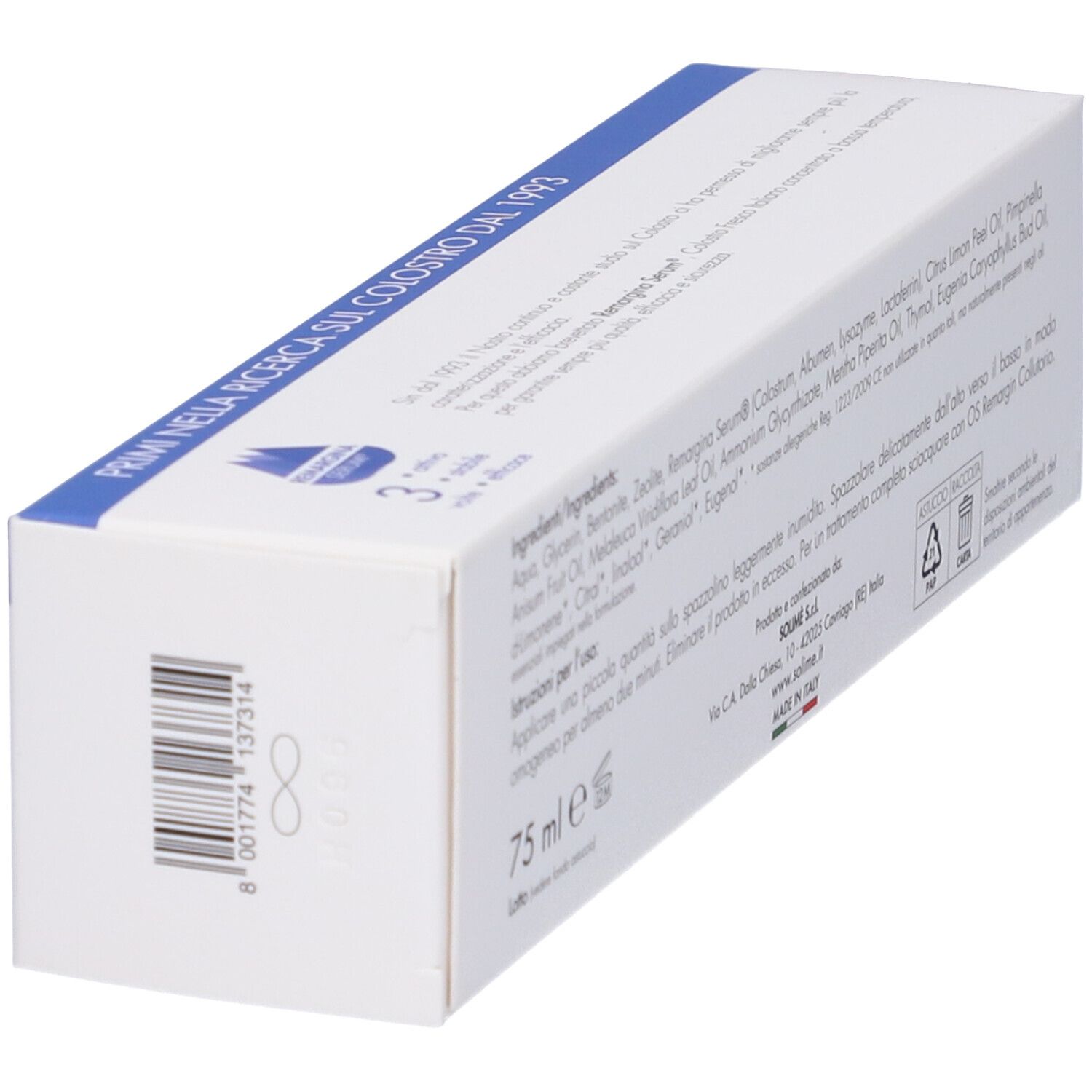 Confezione di dentifricio, vista obliqua, bianca con dettagli blu. Testo: Ingredienti, 75 ml, informazioni produttore.