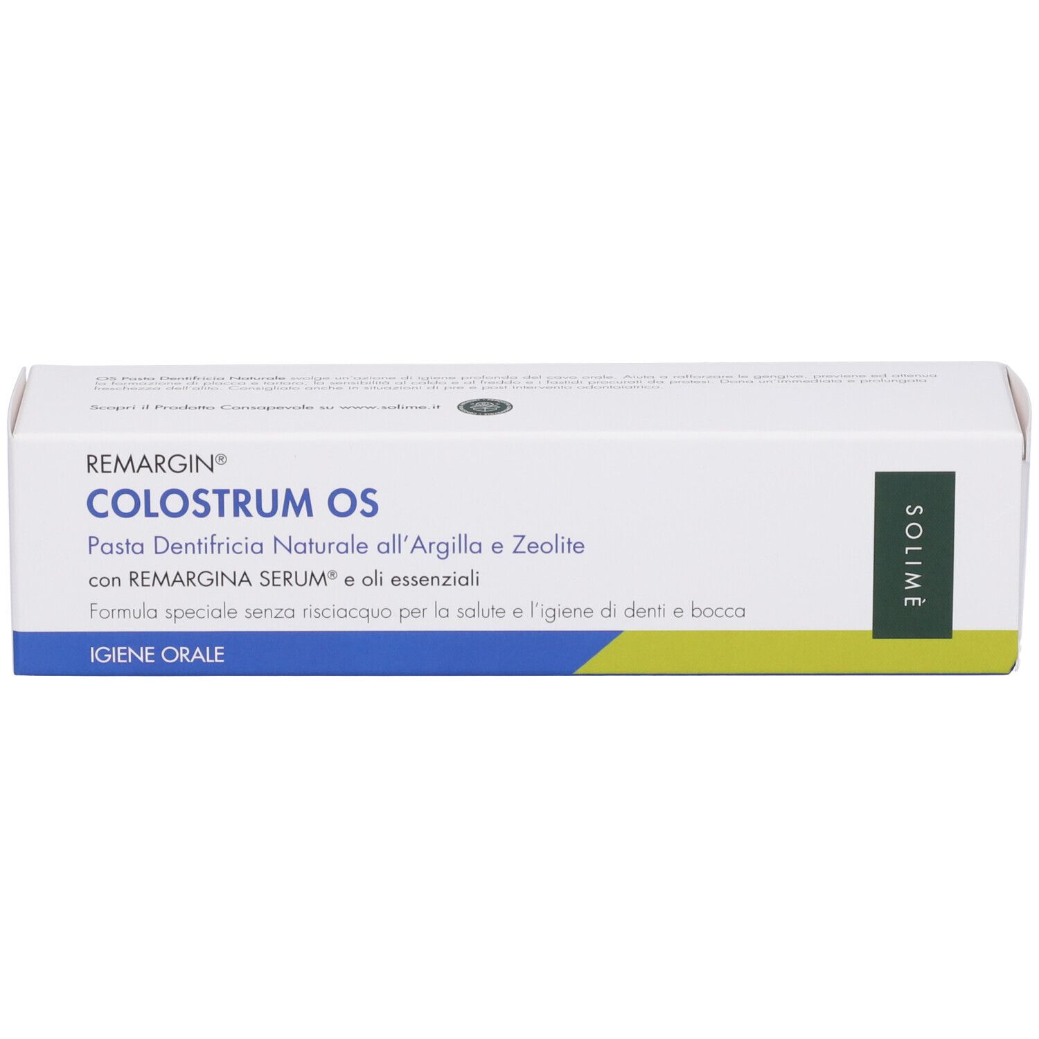 Confezione di dentifricio bianca con dettagli verdi. Testo: Remargin Colostrum OS, Pasta Dentifricia Naturale, Solimé.