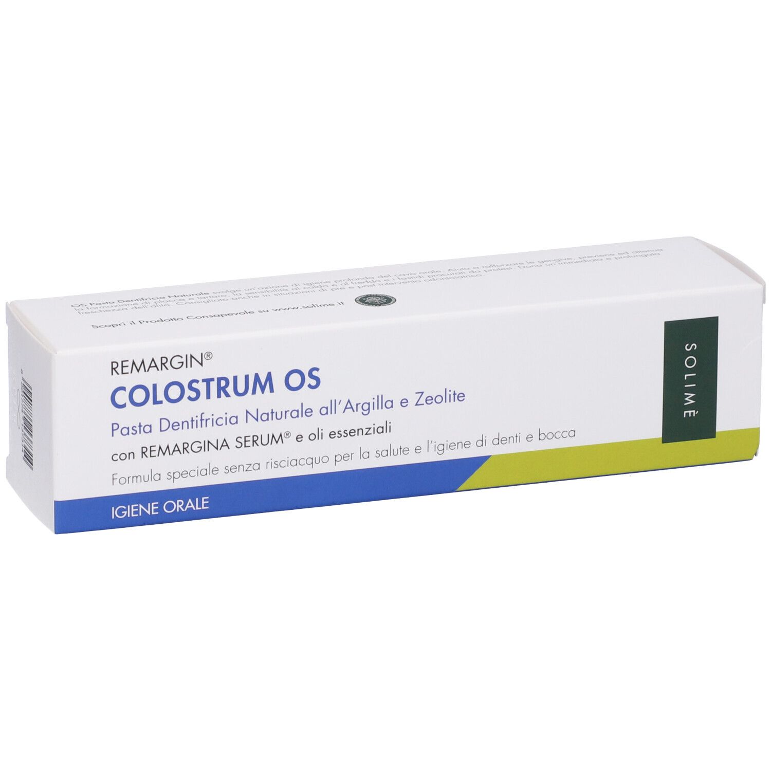 Confezione di dentifricio bianca con dettagli verdi e blu. Testo: Remargin Colostrum OS, Pasta Dentifricia Naturale, Solimé.