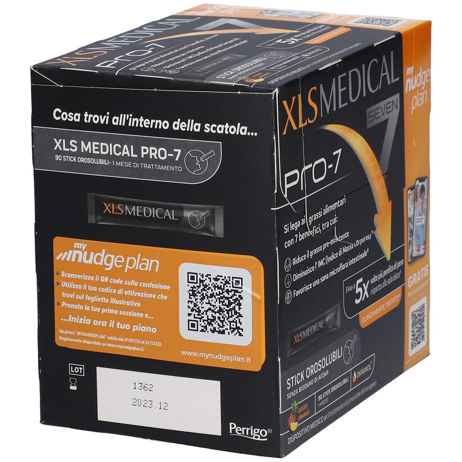 Confezione XL-S MEDICAL PRO-7. Scatola nera con informazioni sul prodotto e codice QR. Contiene 90 stick.
