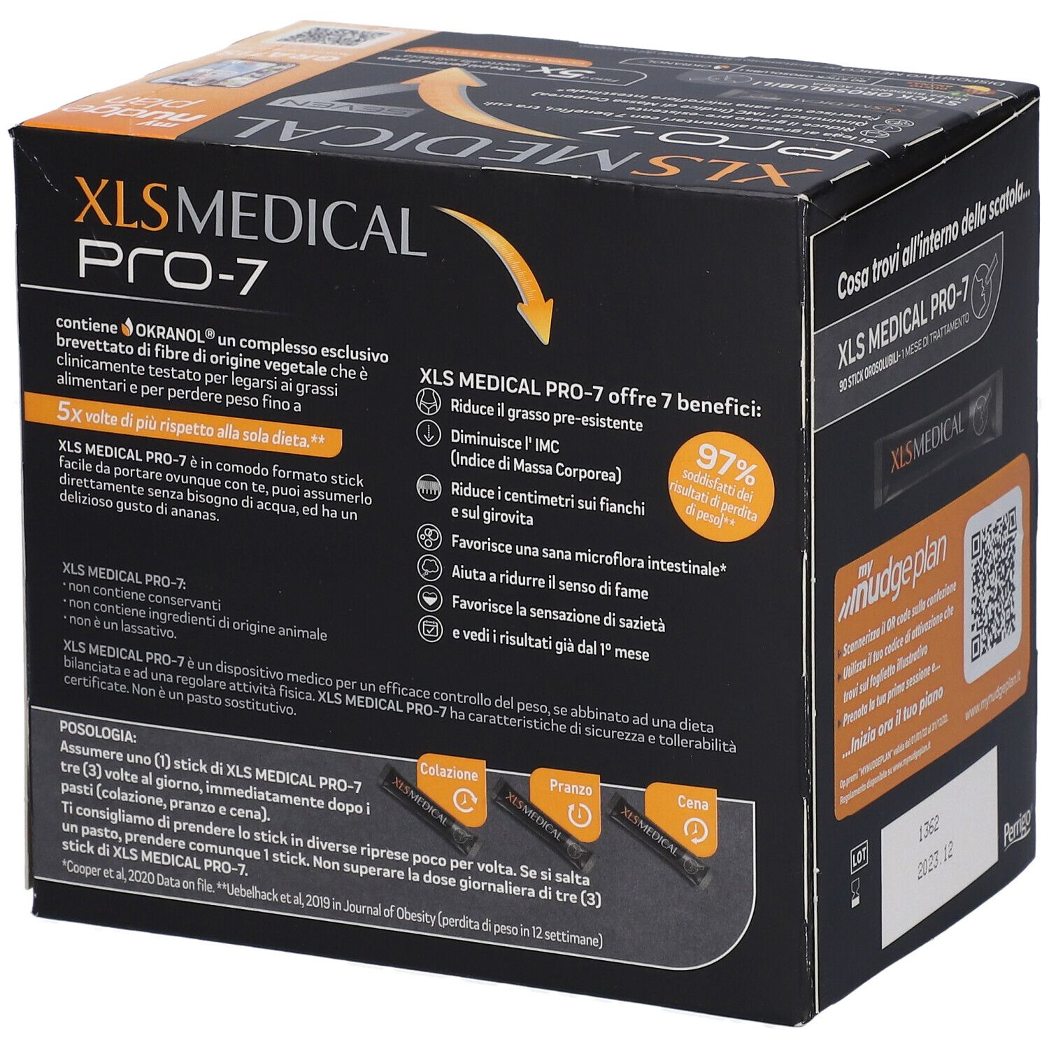 Retro della confezione XL-S MEDICAL PRO-7. Contiene informazioni sul prodotto, benefici e codice QR. Contiene 90 stick.