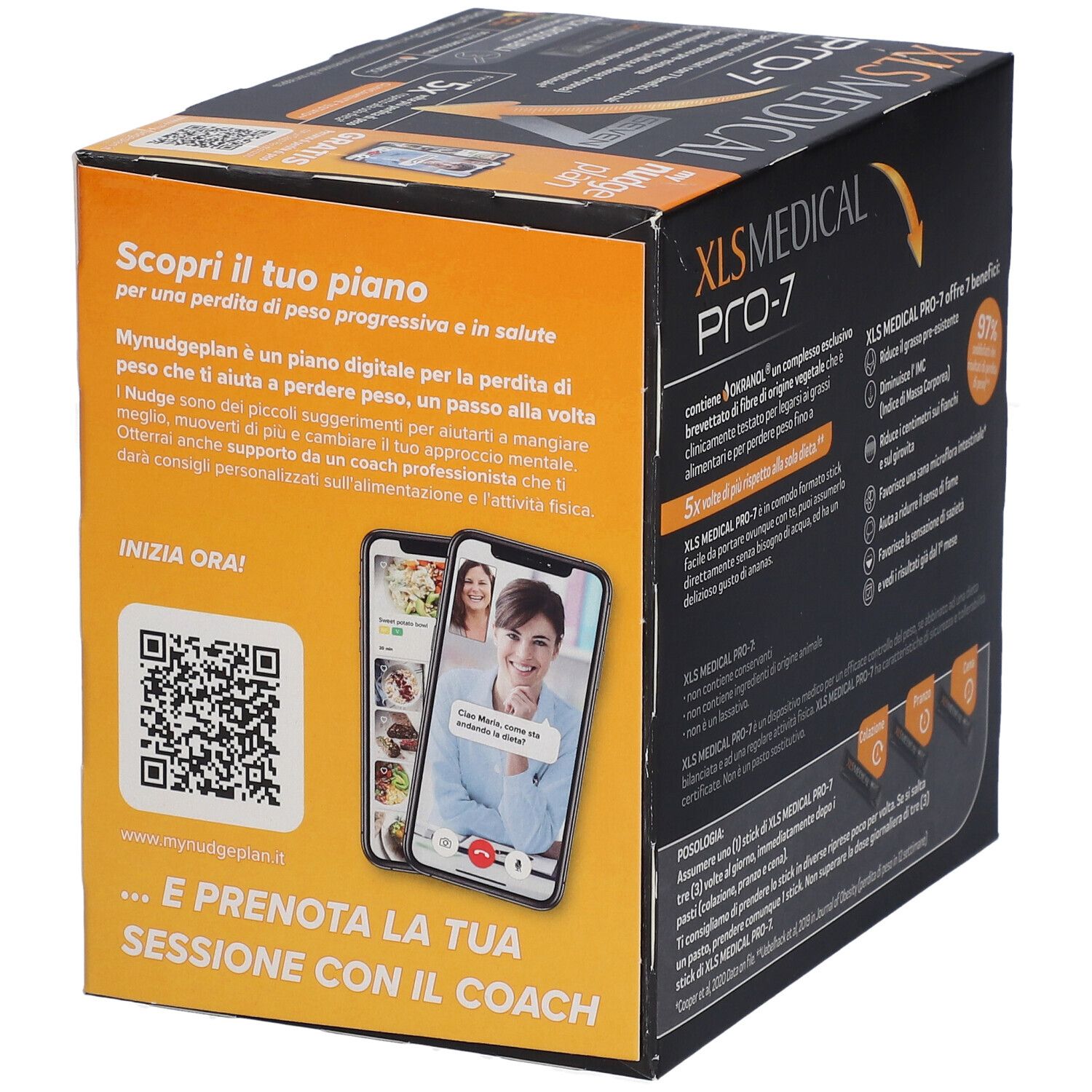 Confezione XL-S MEDICAL PRO-7. Contiene informazioni su un programma digitale per la perdita di peso e codici QR.