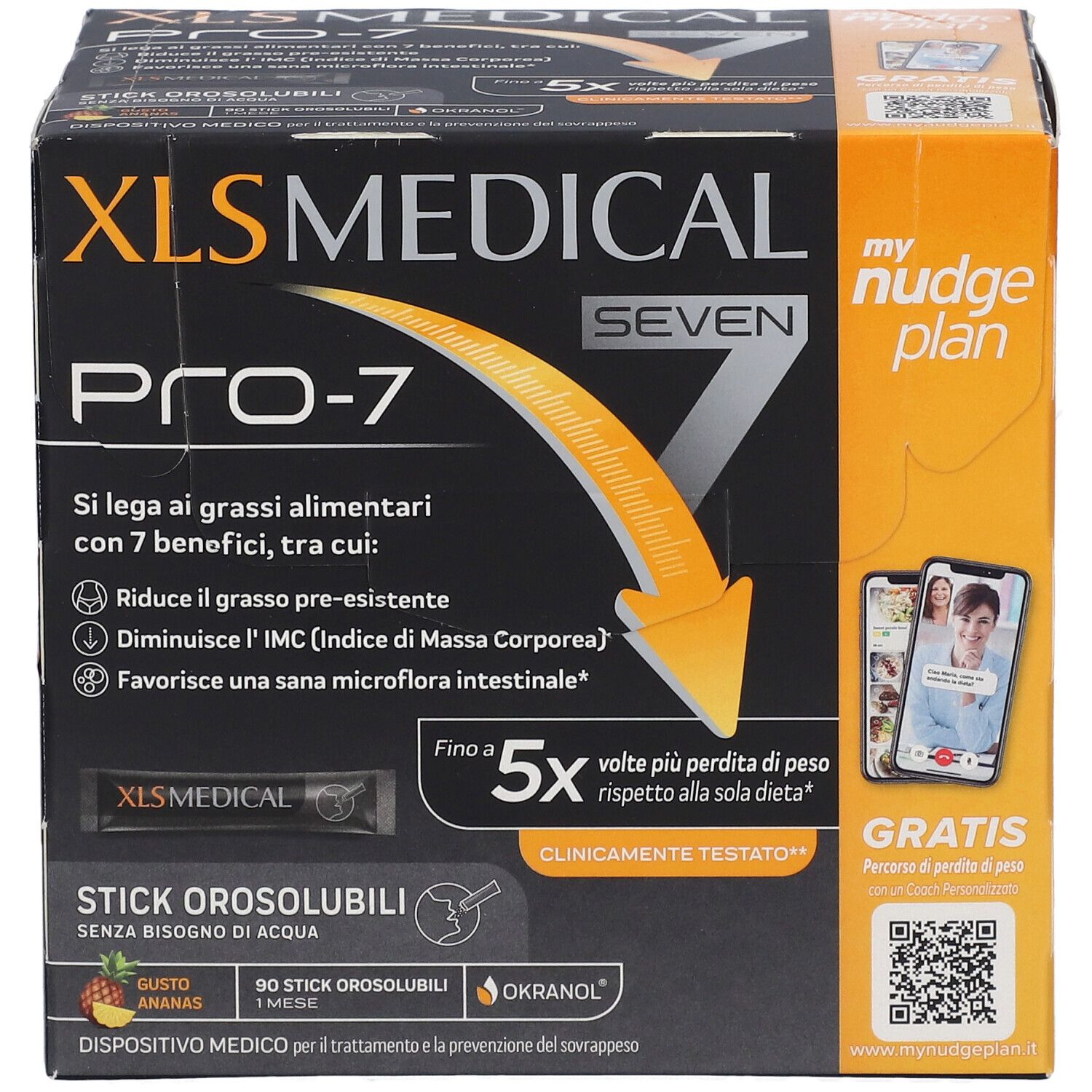 Confezione XL-S MEDICAL PRO-7. Scatola nera con nome del prodotto e freccia gialla. Contiene informazioni e codici QR.