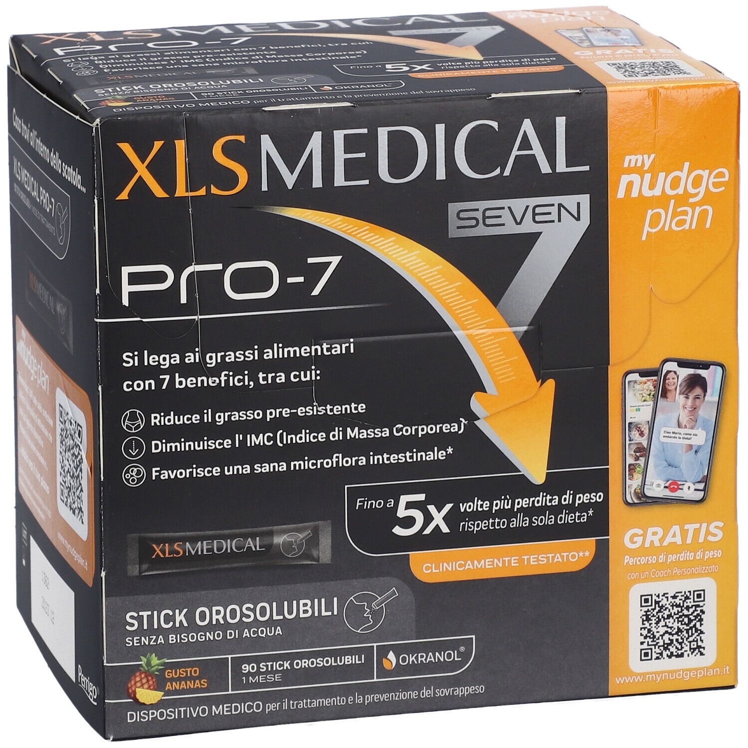 Confezione XL-S MEDICAL PRO-7. Scatola nera con nome del prodotto e freccia gialla. Contiene informazioni e codici QR.