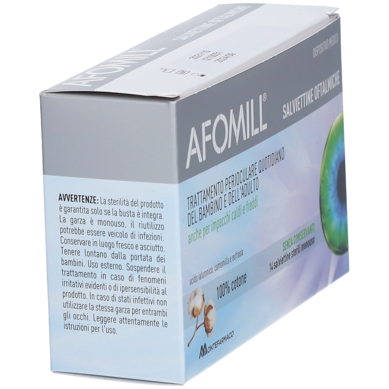 Confezione Afomill Salviettine Oftalmiche inclinata. Testo: Trattamento per bambini e adulti. 100% cotone, senza conservanti. Dispositivo medico.