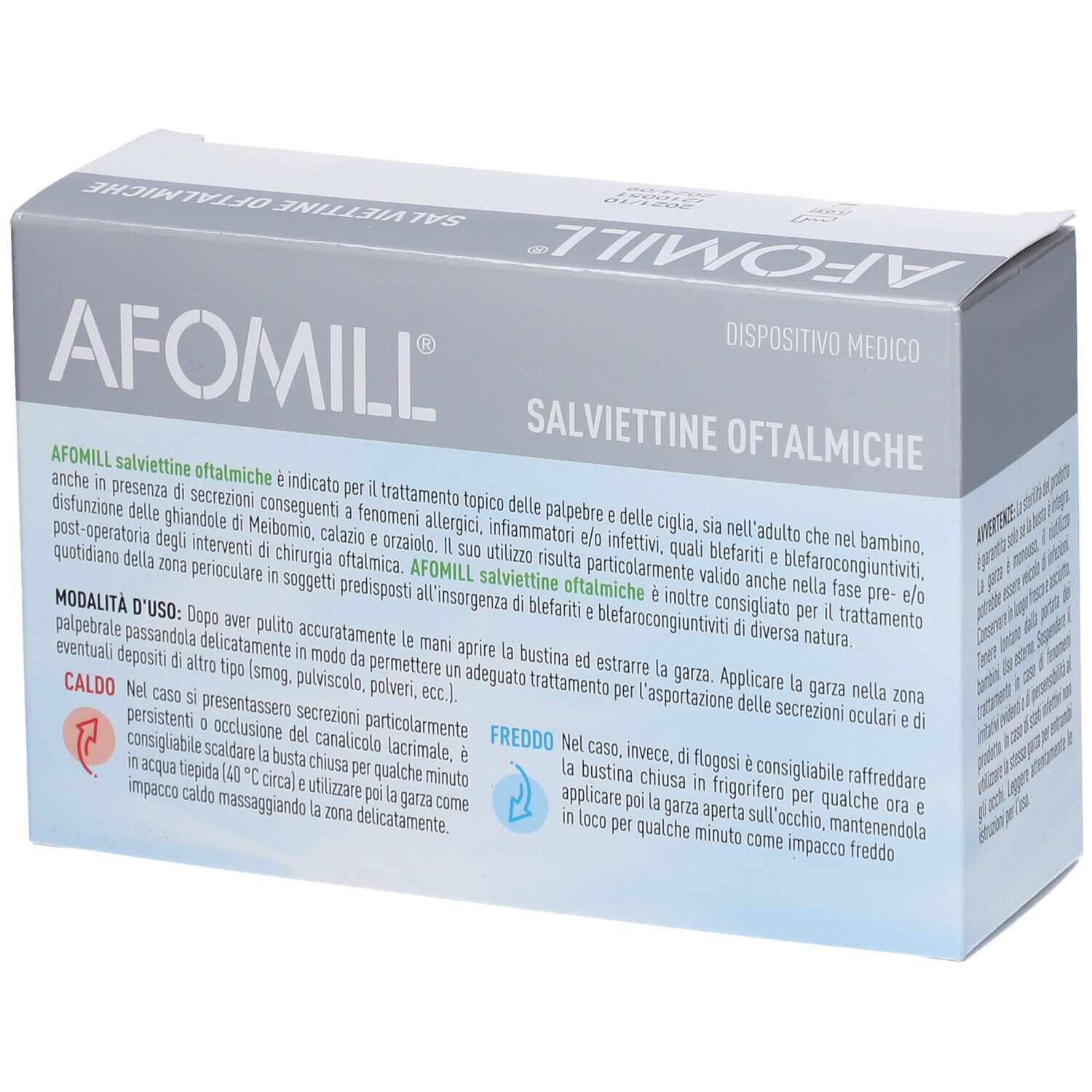 Confezione Afomill Salviettine Oftalmiche. Testo: Istruzioni per l'uso. 14 salviettine sterili. Dispositivo medico. Immagine di un occhio.