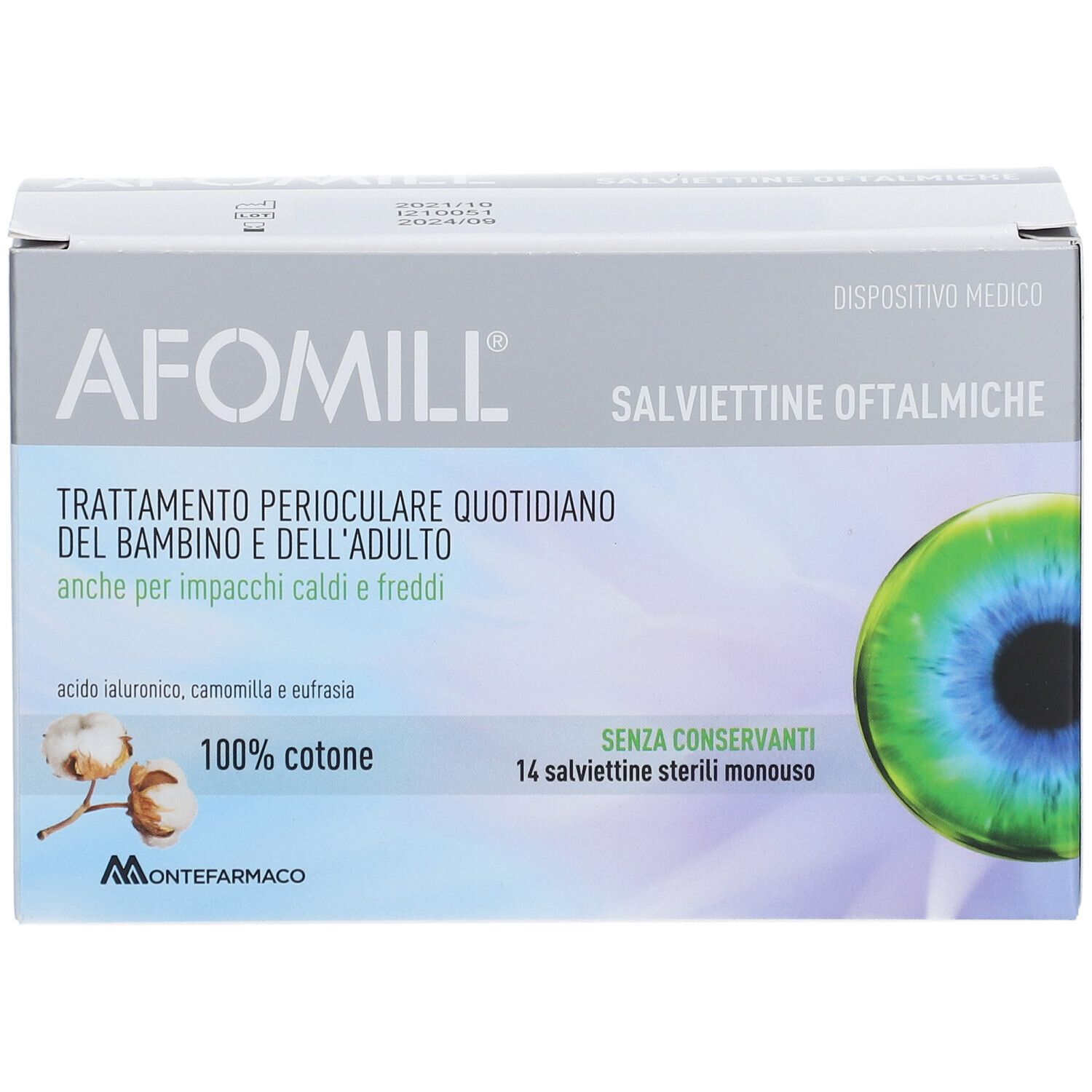 Confezione Afomill Salviettine Oftalmiche. Contiene 14 salviettine sterili monouso. Scritte: 100% cotone, senza conservanti.