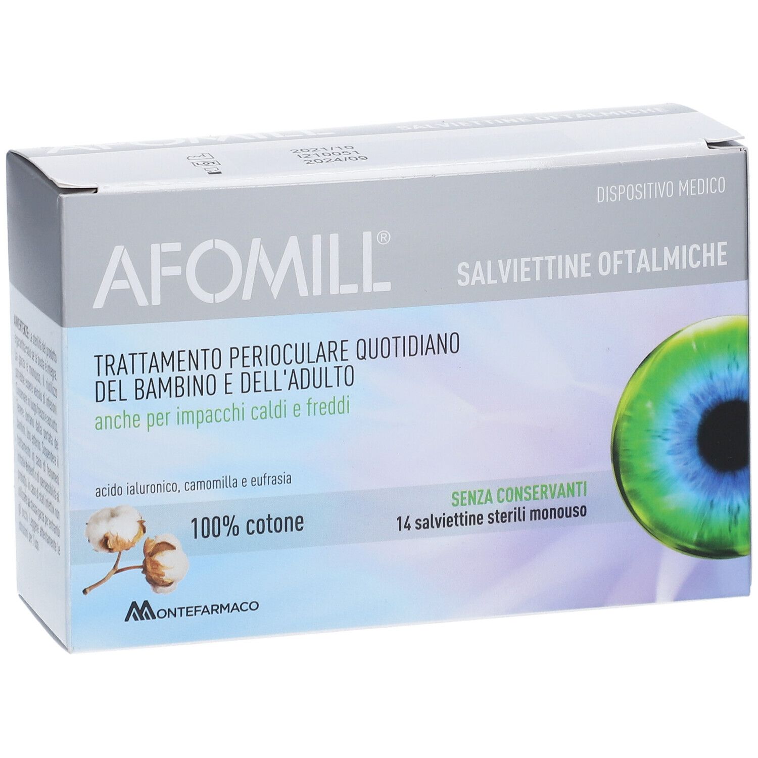 Confezione Afomill Salviettine Oftalmiche. Contiene 14 salviettine sterili monouso. Scritte: 100% cotone, senza conservanti.
