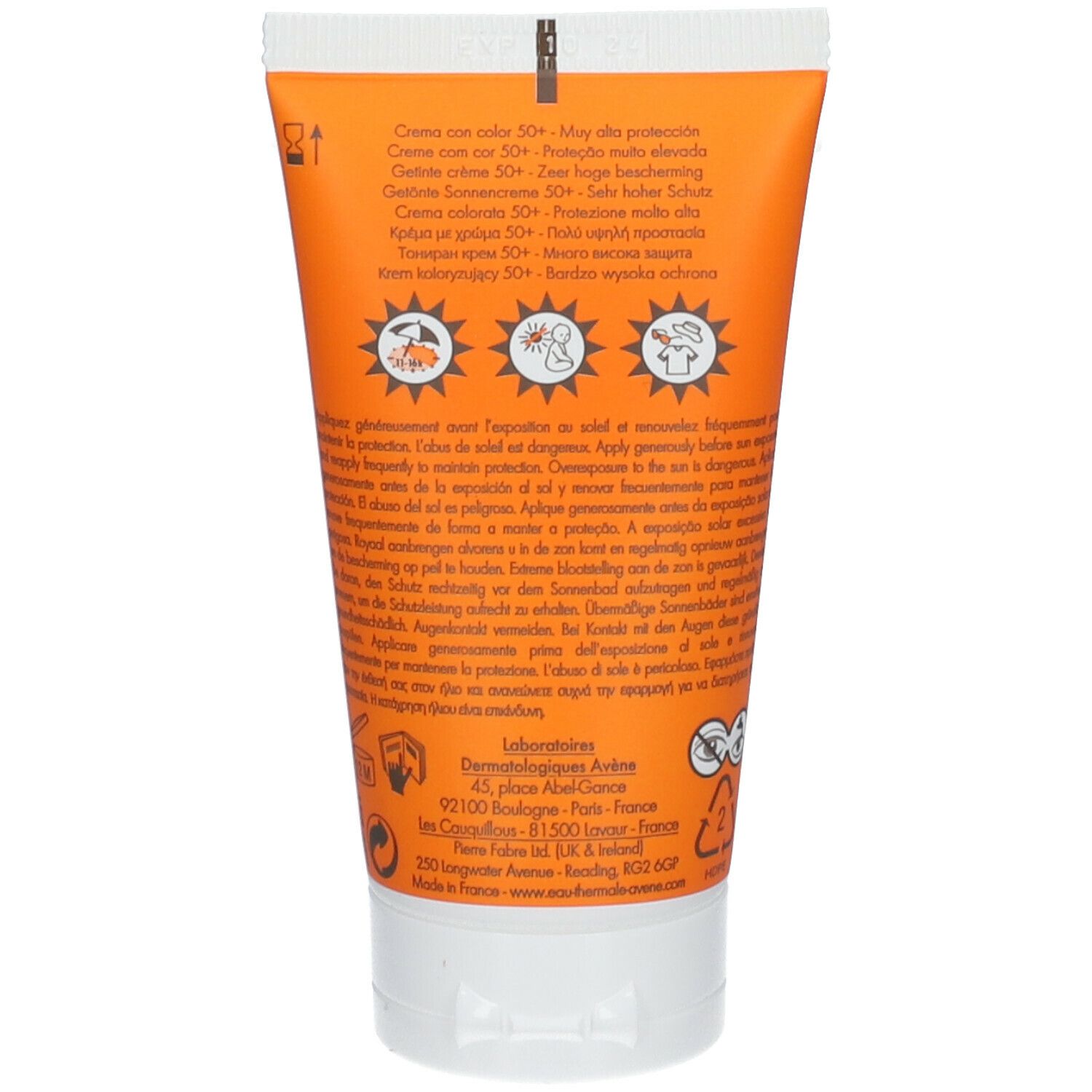 Retro del tubo di crema solare. Testo multilingue. Informazioni sull'uso e gli ingredienti.