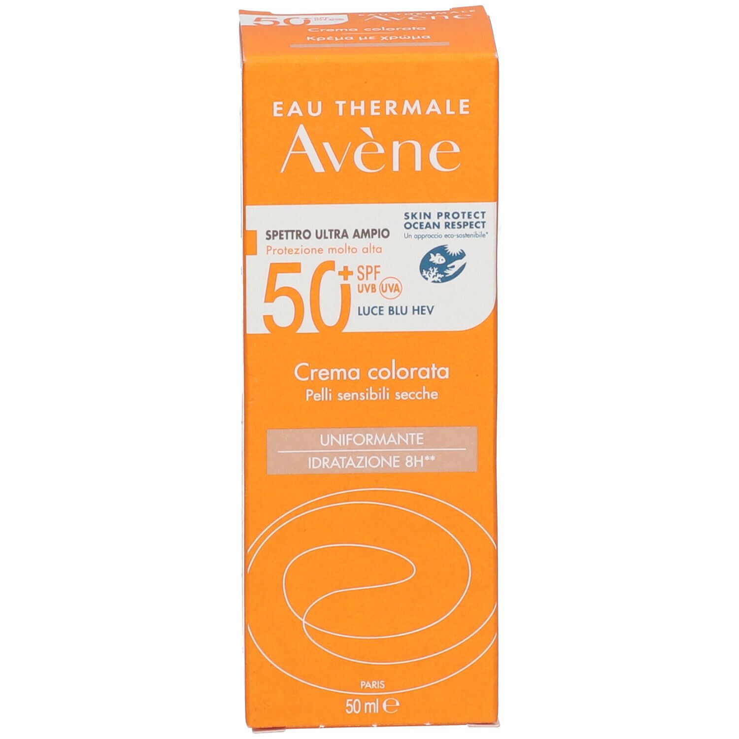Confezione arancione di crema solare. Marca: Eau Thermale Avène. SPF 50+. Crema colorata per pelli secche e sensibili.