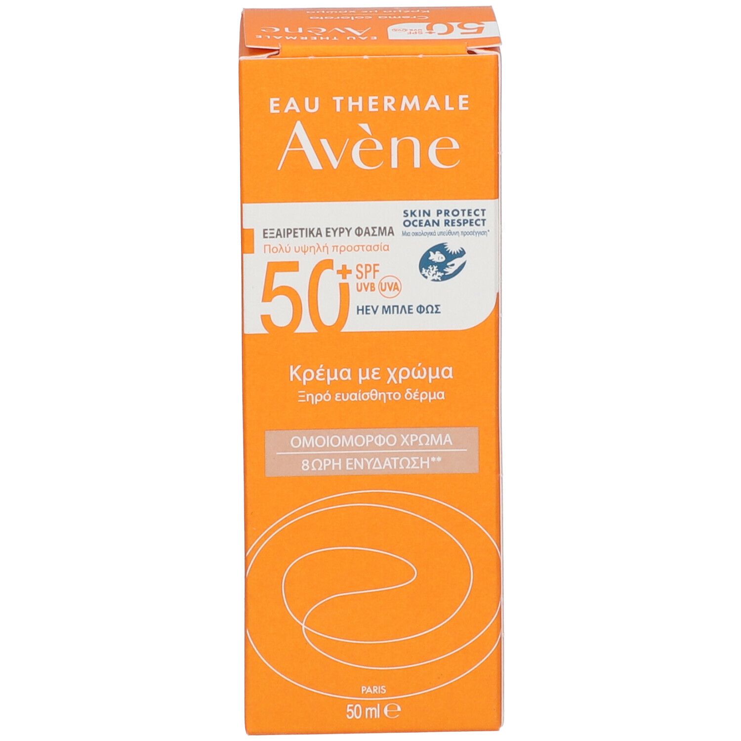 Confezione di crema solare. Marca: Eau Thermale Avène. SPF 50+. Crema colorata per pelli secche e sensibili.