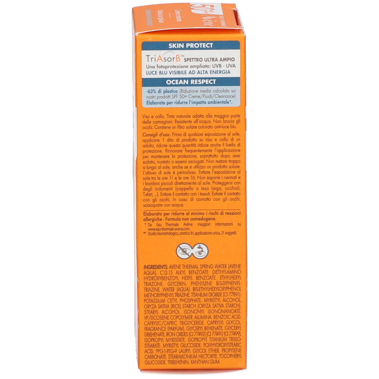 Retro della confezione di crema solare. Testo multilingue. Informazioni e ingredienti.