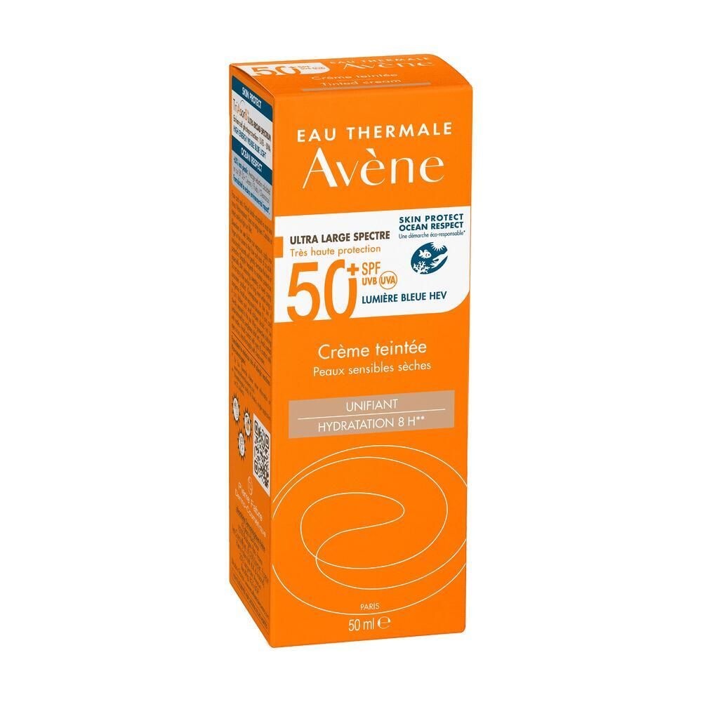 Confezione arancione di crema solare. Marca: Eau Thermale Avène. SPF 50+. Crema colorata per pelli secche e sensibili.