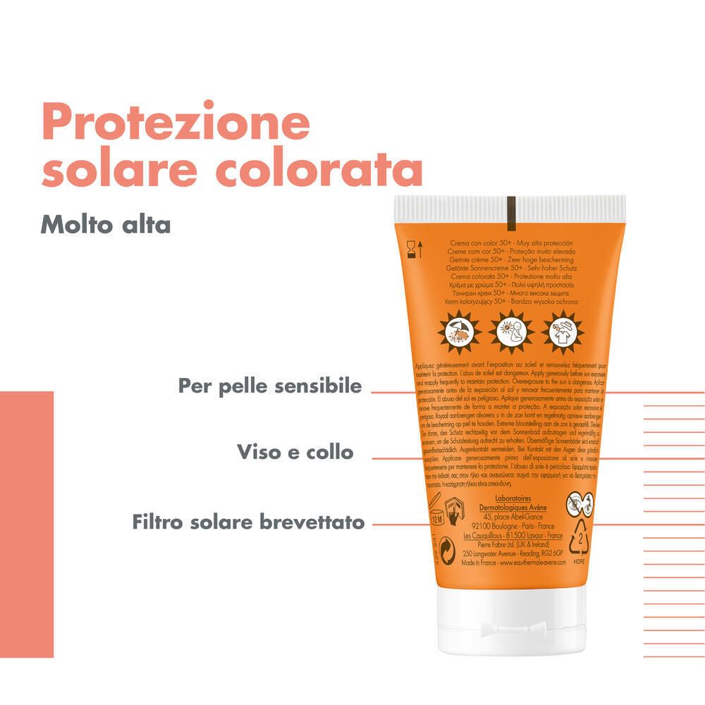 Retro del tubo di crema solare. Testo: Protezione per pelli sensibili, viso e collo. Filtro solare brevettato.
