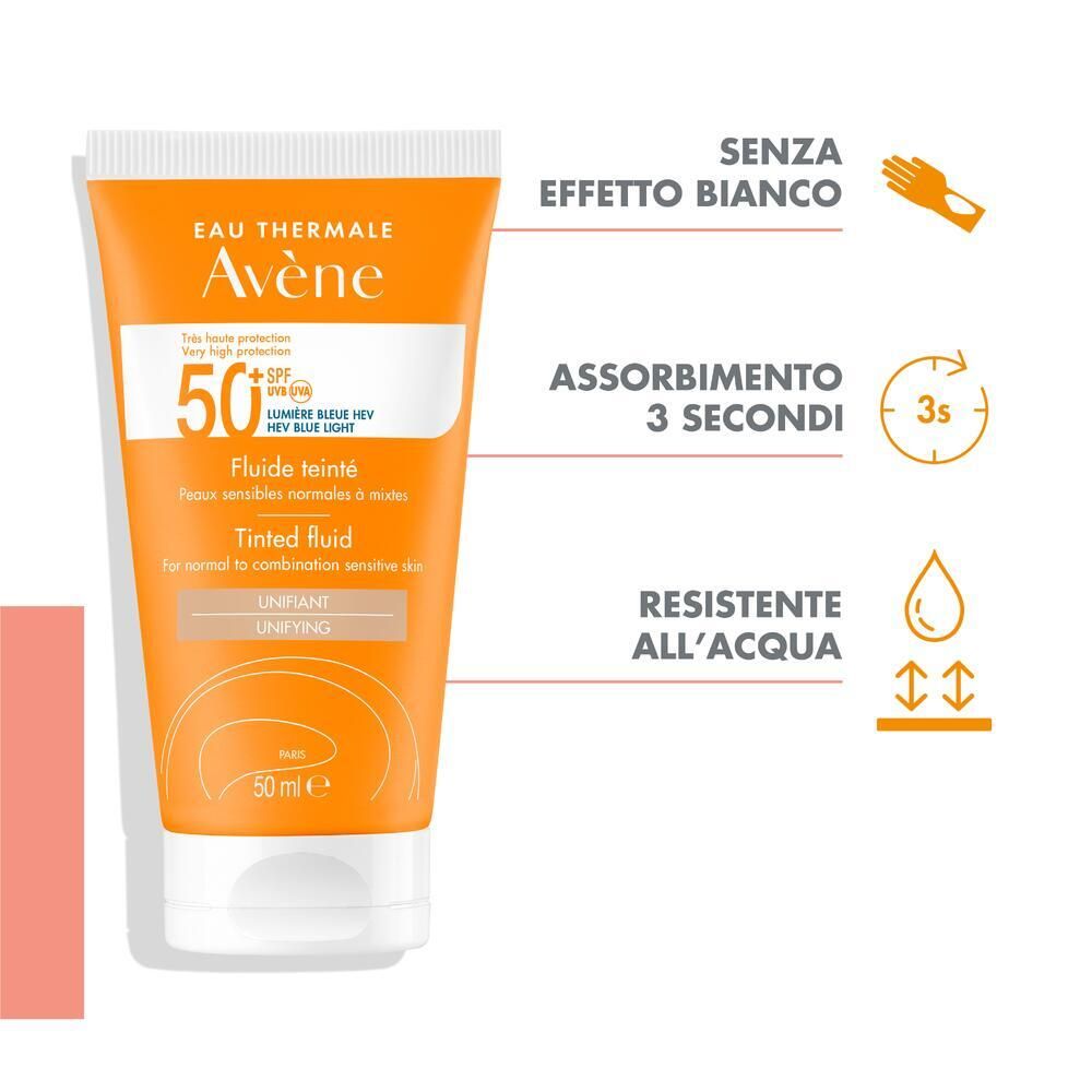 Tubo con fluido colorato SPF 50+. Testo: Senza effetto bianco, assorbimento 3 secondi, resistente all'acqua.
