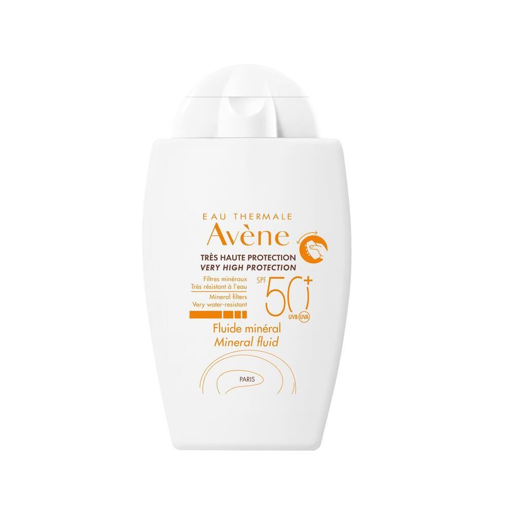 Weiße Flasche Sonnencreme. Aufschrift: Eau Thermale Avène, SPF 50+, Fluido mineral. Weiße Kappe.