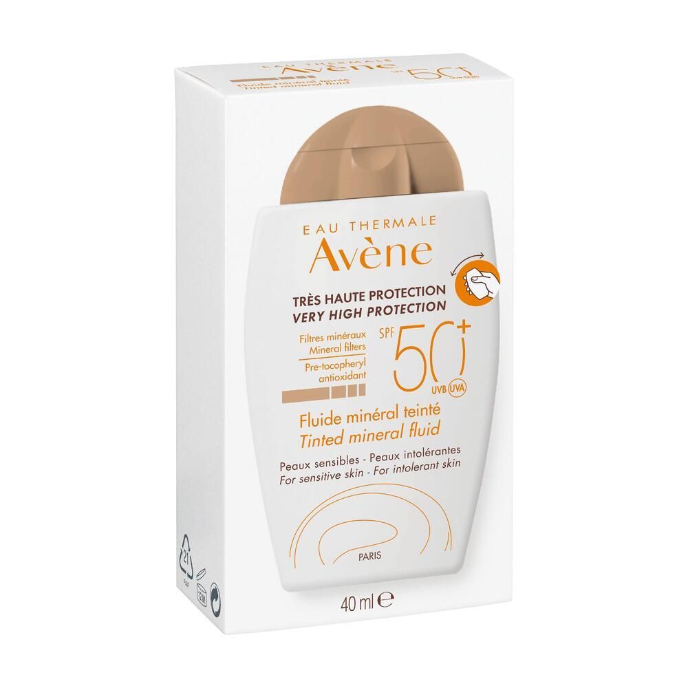 Flacone bianco con tappo beige. Scritta: Eau Thermale Avène, SPF 50+, fluido minerale colorato. In confezione di cartone.