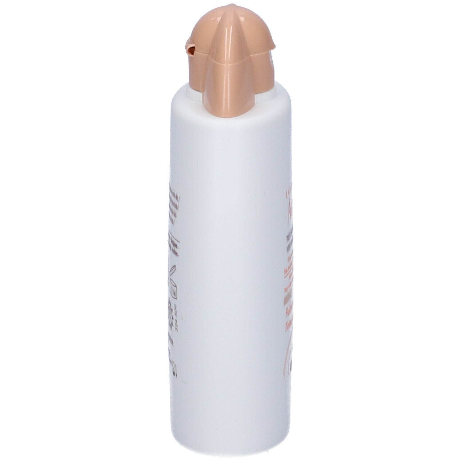 Flacone bianco con tappo beige. Scritta illeggibile. Vista laterale.