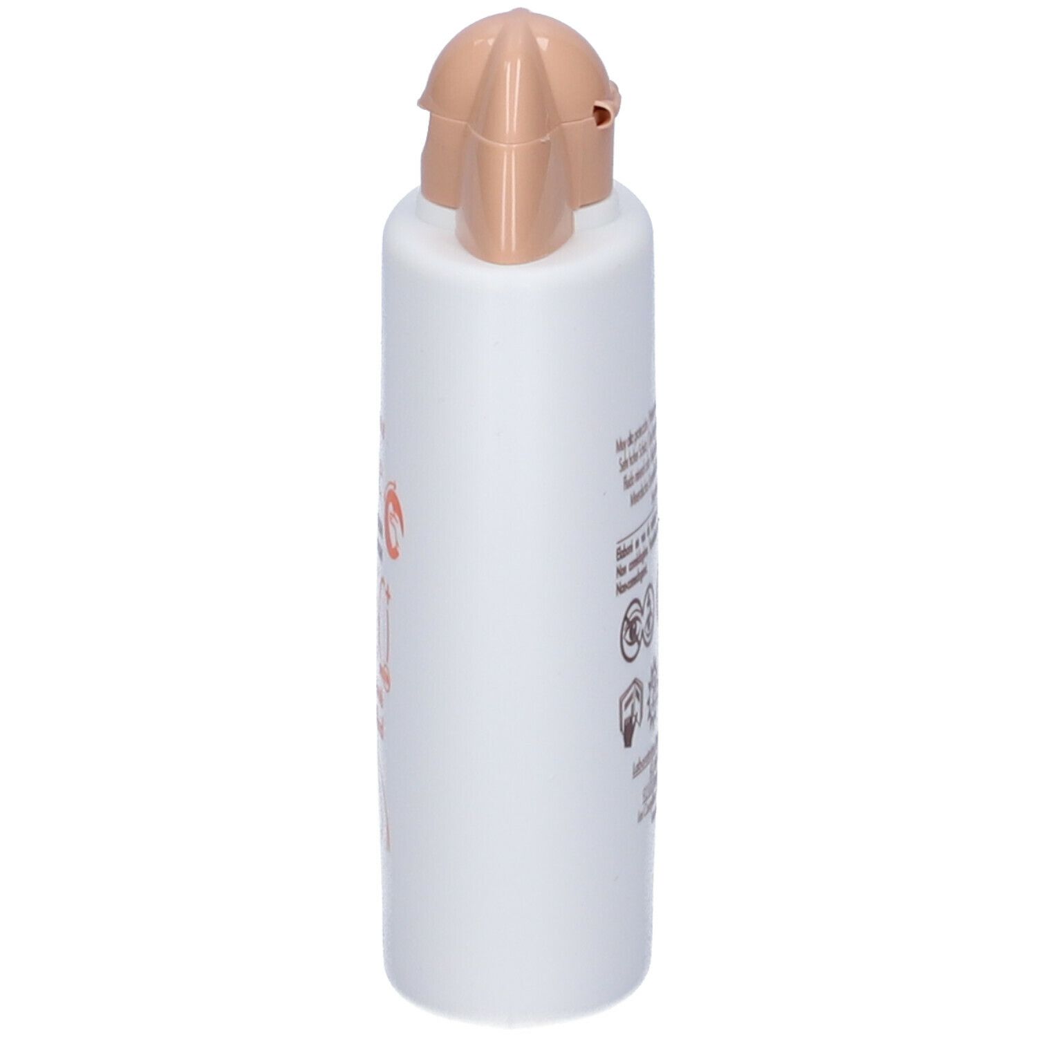 Flacone bianco con tappo beige. Vista laterale. Scritta illeggibile.