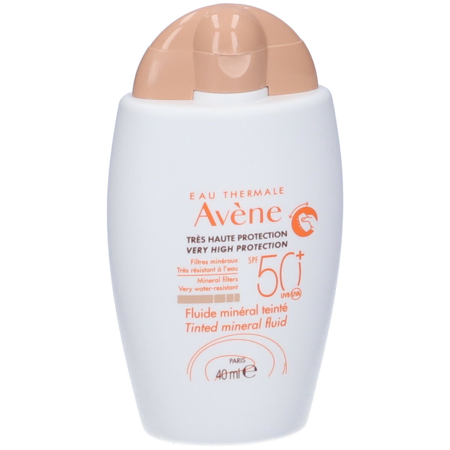 Flacone bianco con tappo beige. Scritta: Eau Thermale Avène, SPF 50+, fluido minerale colorato.