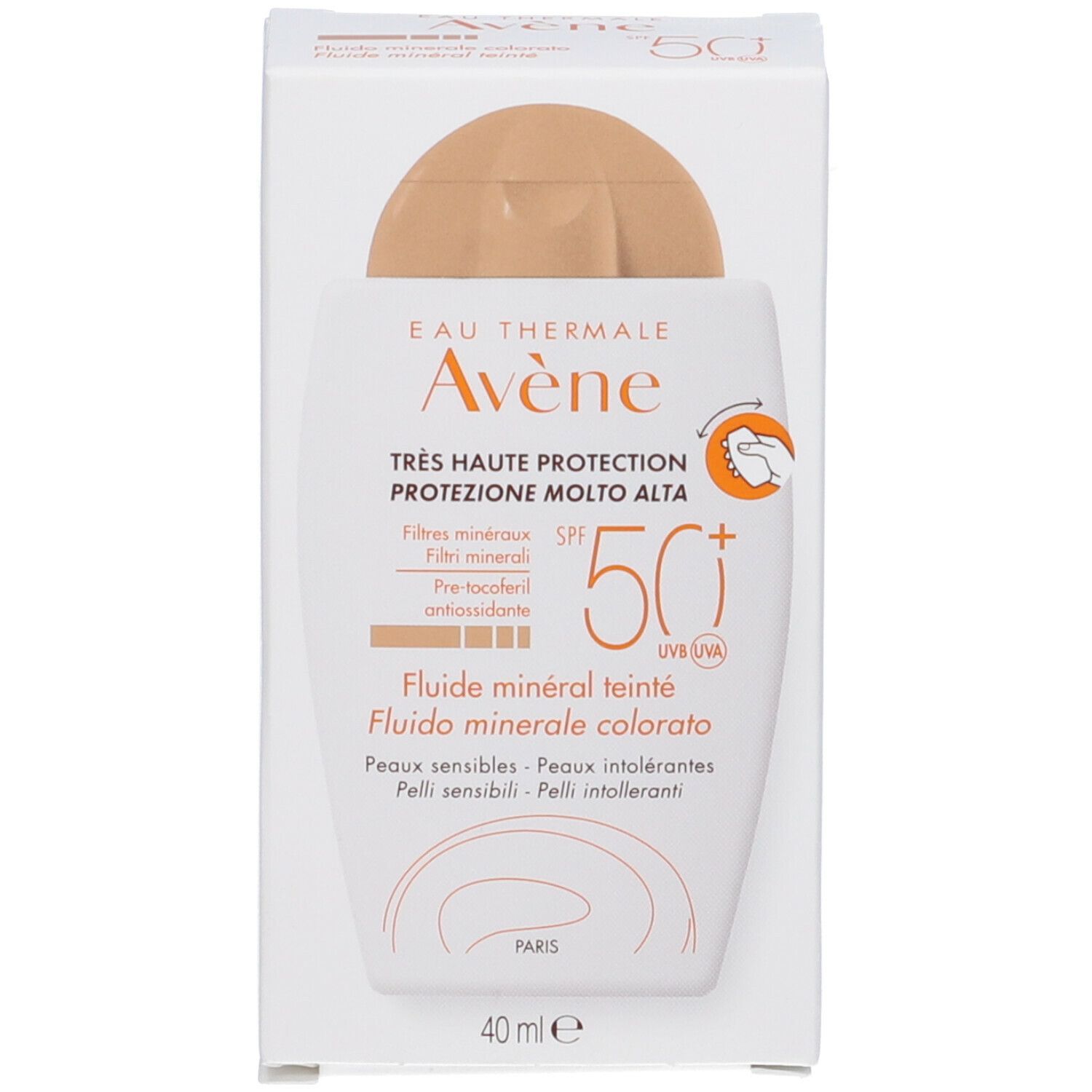 Flacone bianco con tappo beige. Scritta: Eau Thermale Avène, SPF 50+, fluido minerale colorato. In scatola.