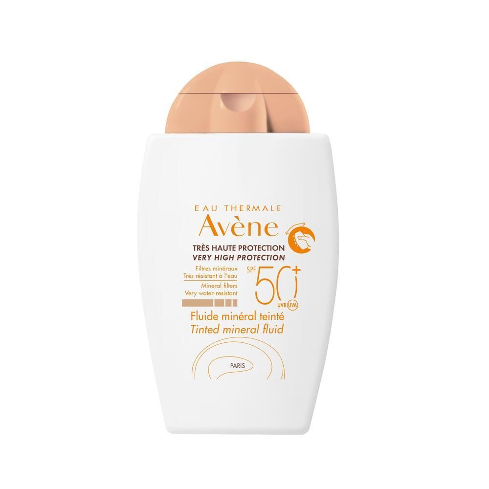 Flacone bianco con tappo beige. Scritta: Eau Thermale Avène, SPF 50+, fluido minerale colorato.