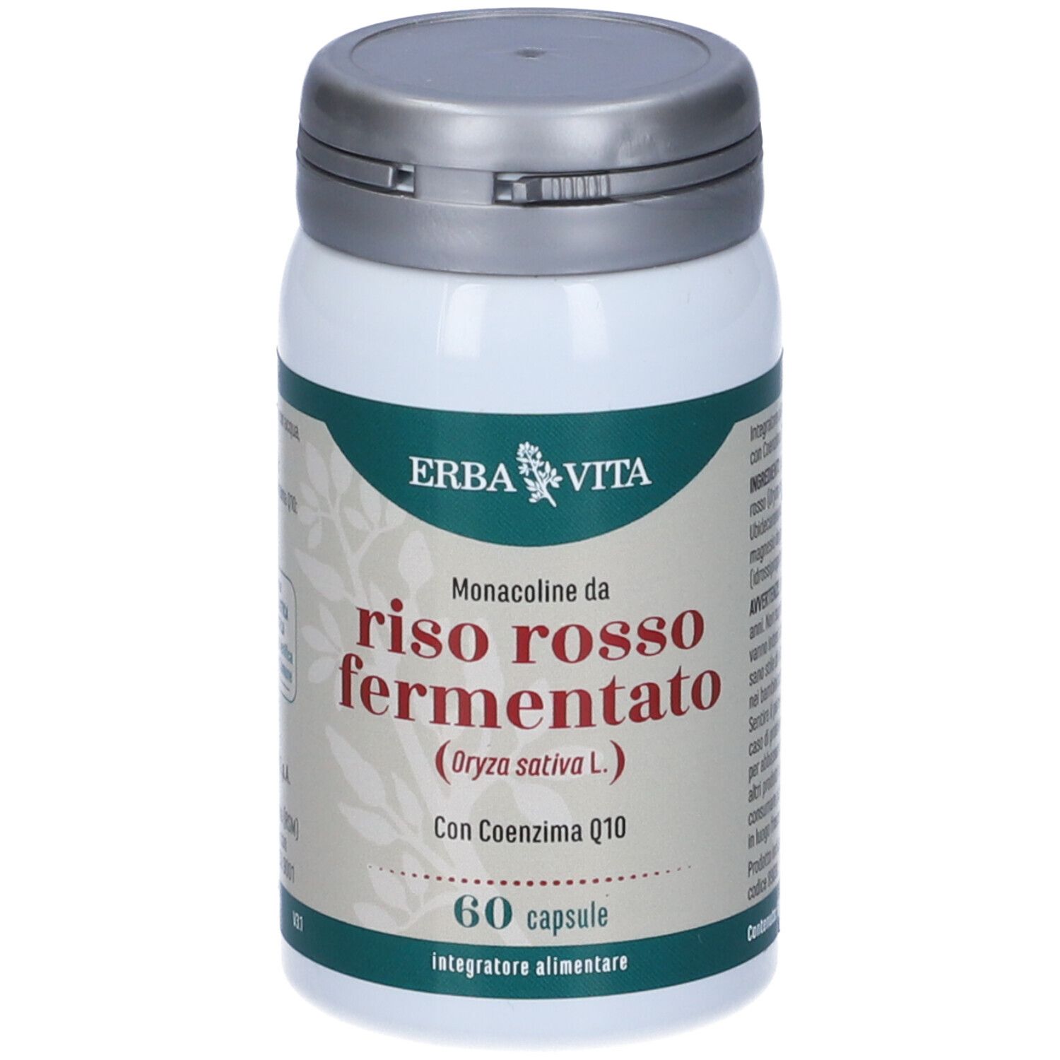 Flacone bianco con tappo grigio. Scritta: Erba Vita, Riso Rosso Fermentato, 60 capsule.