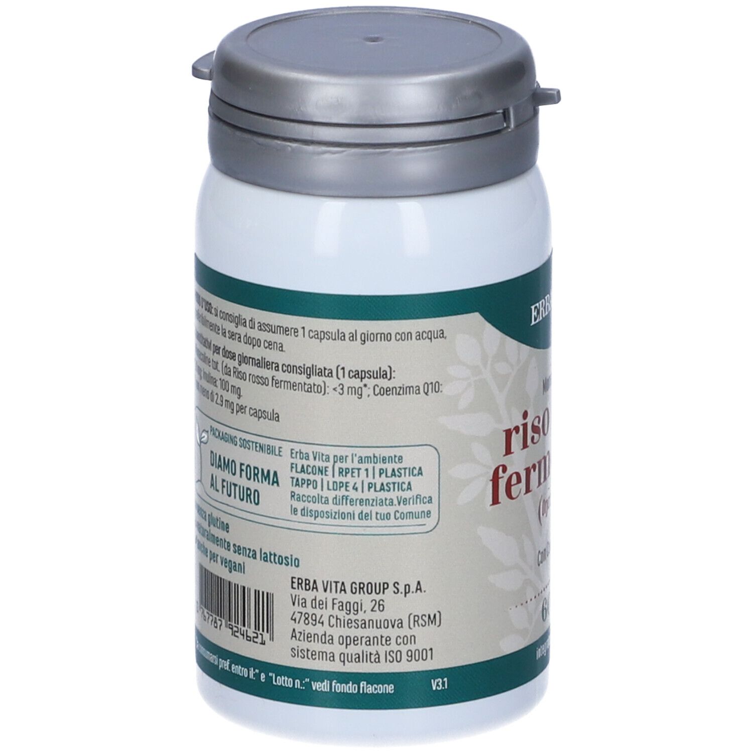 Retro del flacone bianco con tappo grigio. Testo su ingredienti e produttore.