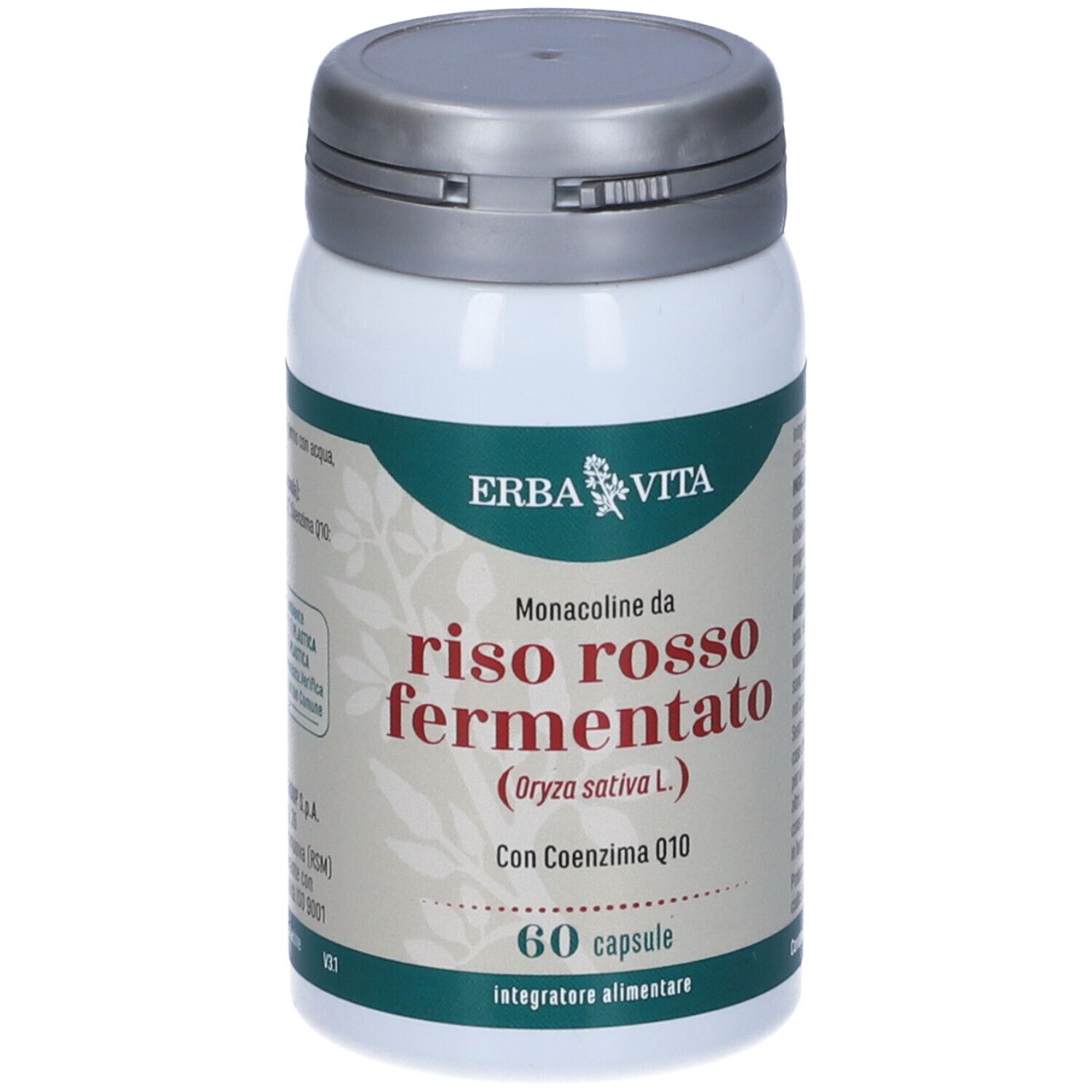 Flacone bianco con tappo grigio. Scritta: Erba Vita, Riso Rosso Fermentato, 60 capsule.