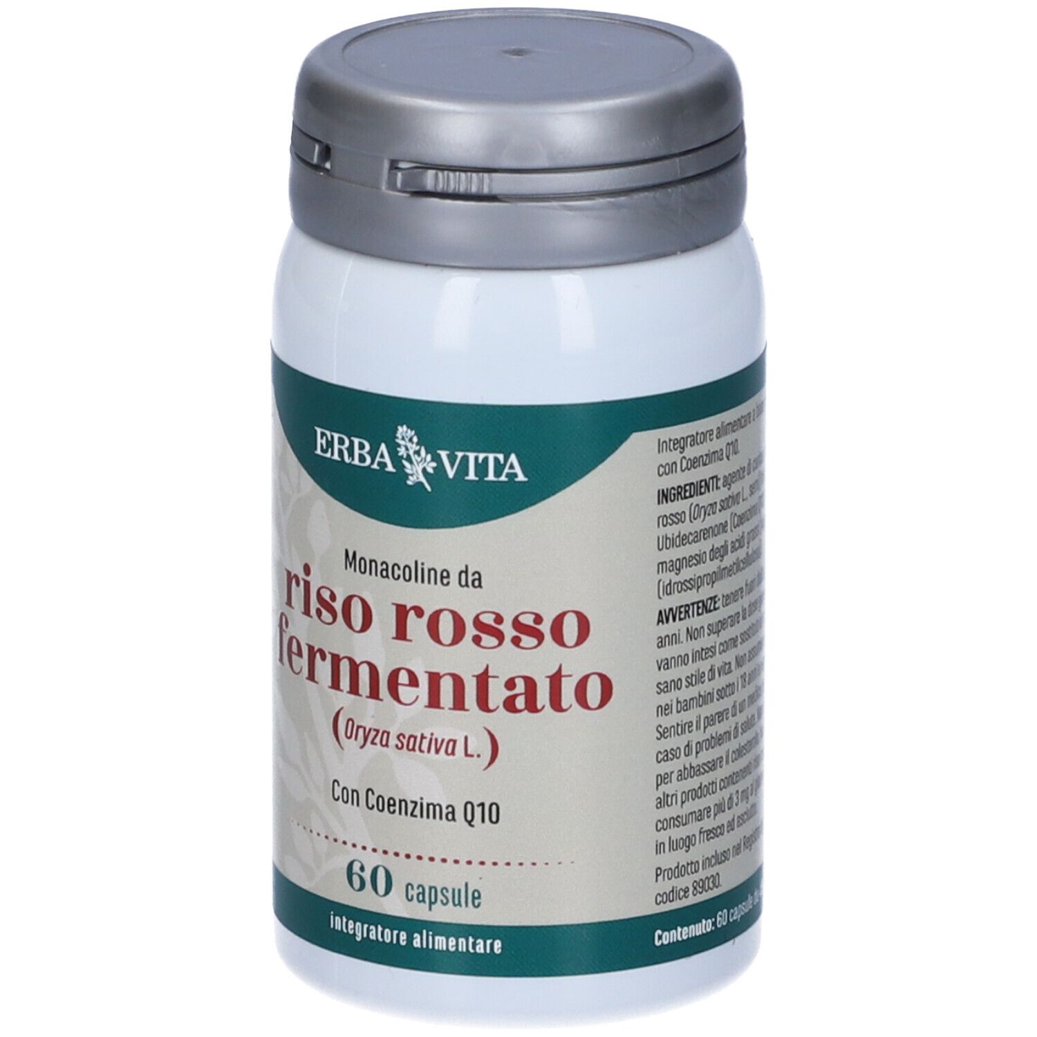 Flacone bianco con tappo grigio. Scritta: Erba Vita, Riso Rosso Fermentato, 60 capsule.
