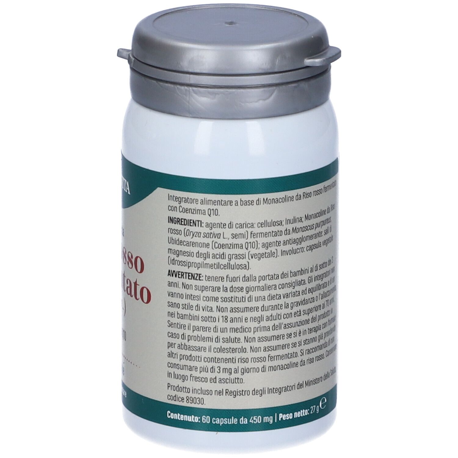 Retro del flacone bianco con tappo grigio. Testo su ingredienti e avvertenze.