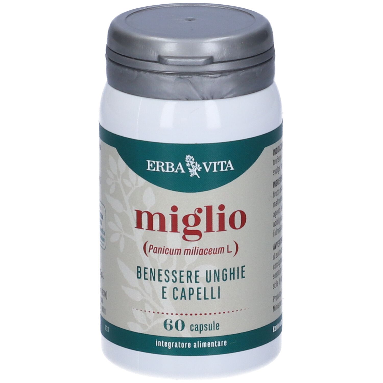 Flacone bianco con coperchio grigio. Scritta: Miglio, 60 capsule. Marchio: Erba Vita. Etichetta informativa.