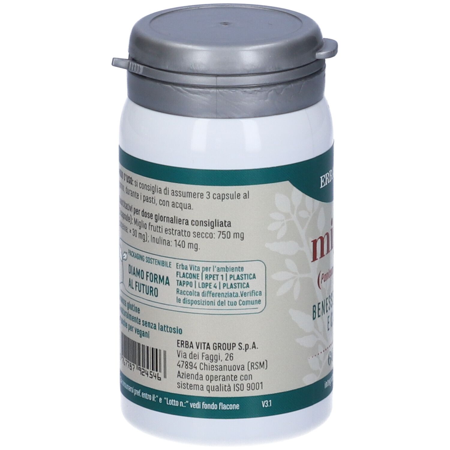 Flacone bianco con coperchio grigio. Retro con informazioni prodotto. Marchio: Erba Vita. Testo su ingredienti e uso.