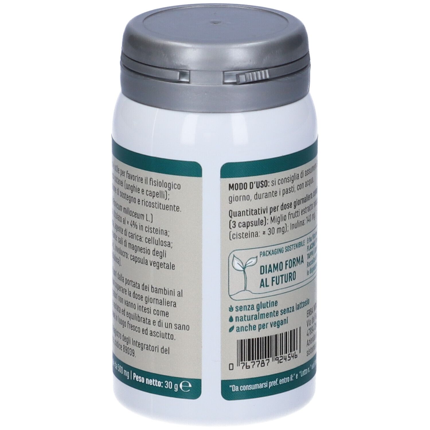 Flacone bianco con coperchio grigio. Lato con informazioni prodotto. Marchio: Erba Vita. Testo su ingredienti e uso.