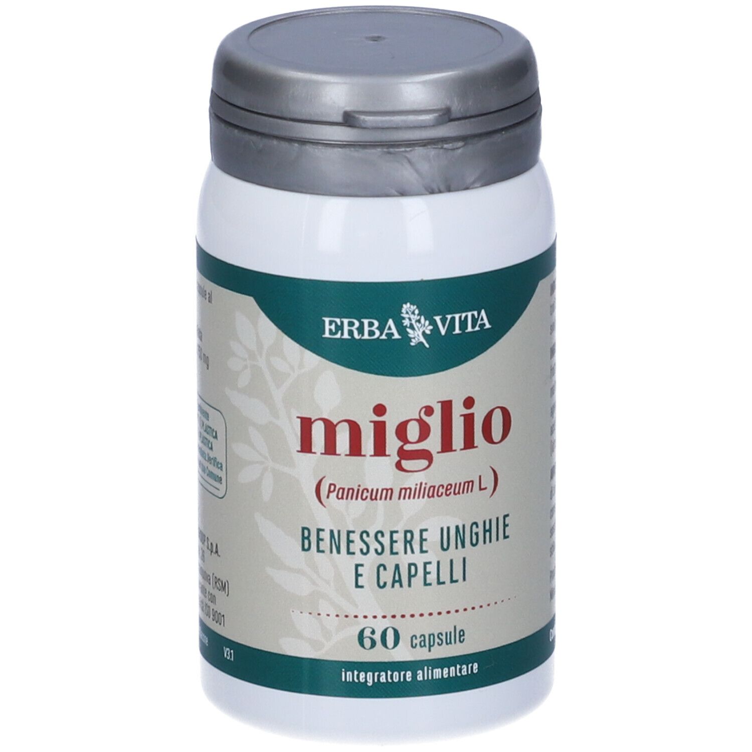 Flacone bianco con coperchio grigio. Scritta: Miglio, 60 capsule. Marchio: Erba Vita. Etichetta informativa.