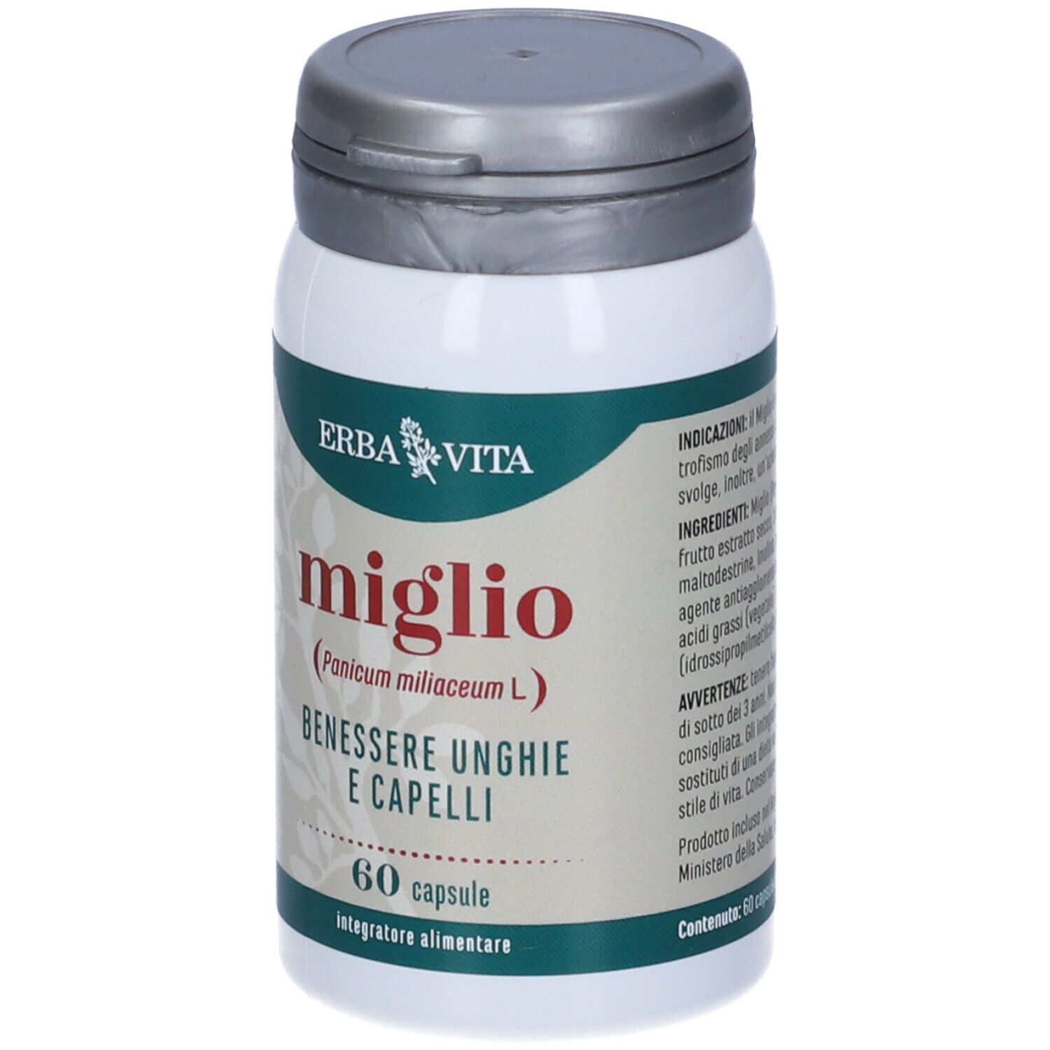 Flacone bianco con coperchio grigio. Scritta: Miglio, 60 capsule. Marchio: Erba Vita. Etichetta informativa.