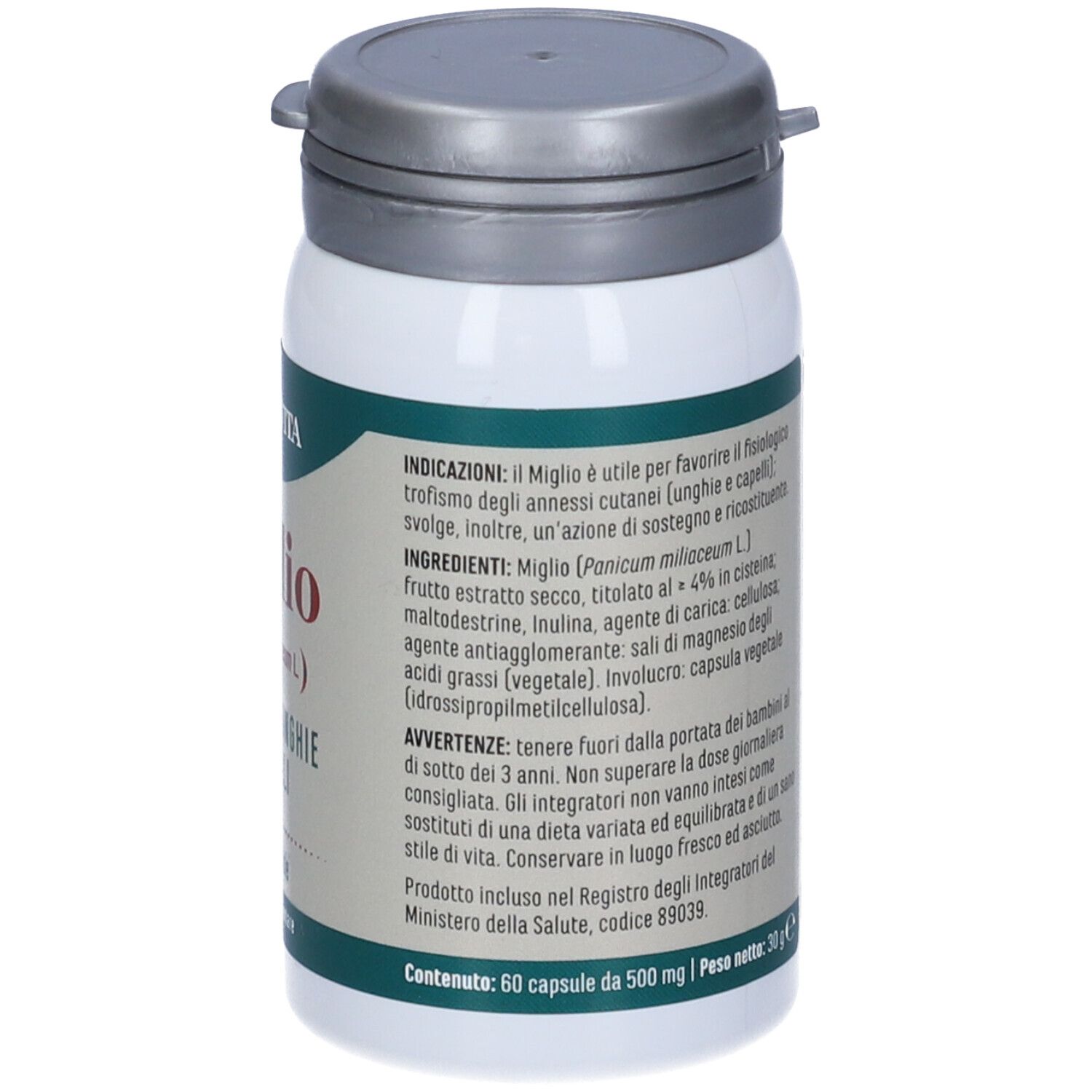 Flacone bianco con coperchio grigio. Scritta: Miglio, 60 capsule. Marchio: Erba Vita. Etichetta informativa.