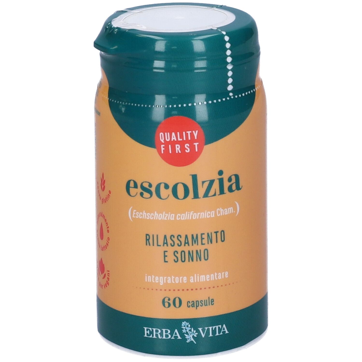 Flacone verde e arancione con 'Escolzia', '60 capsule' e logo 'ERBA VITA'. Adesivo 'QUALITY FIRST'.