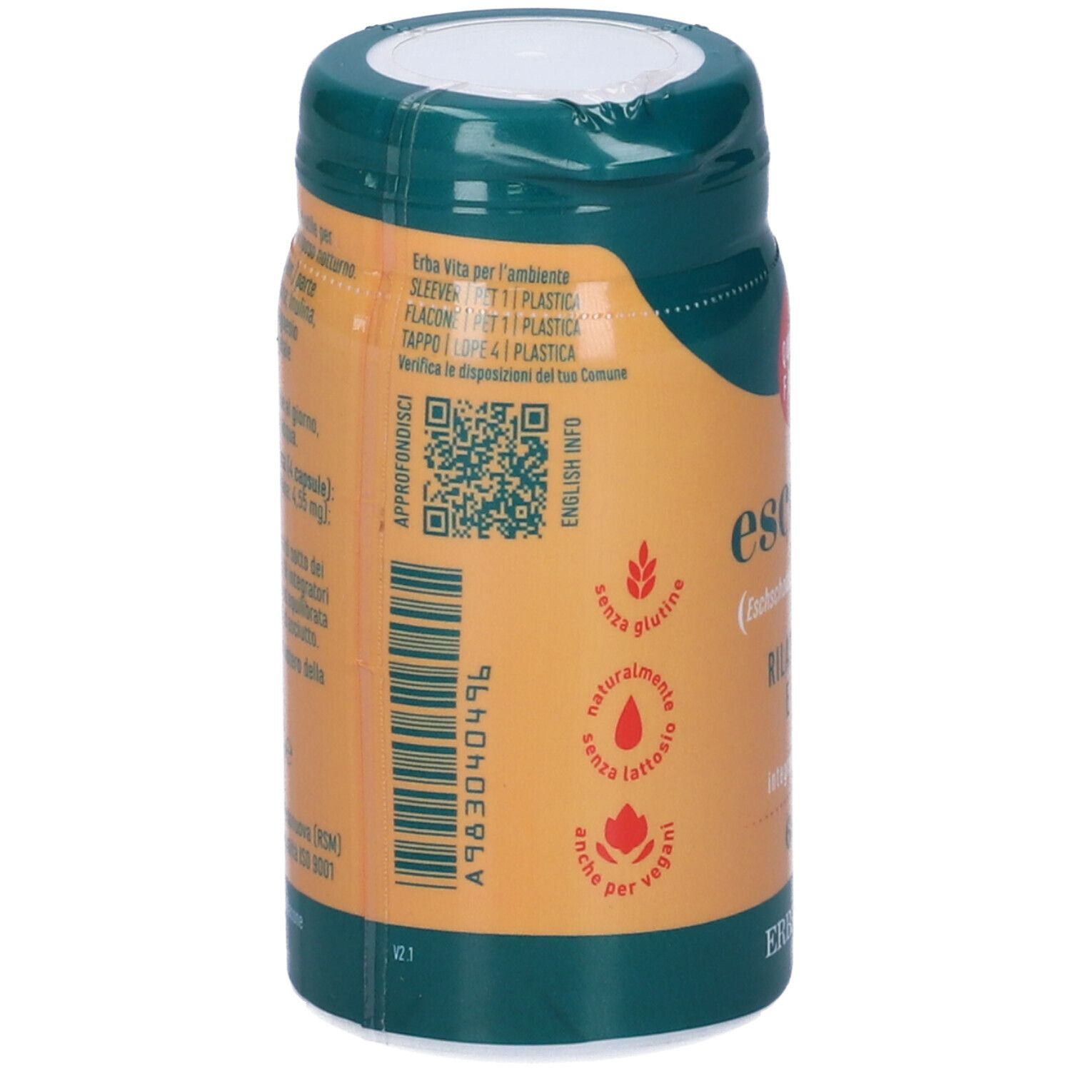 Retro del flacone con testo. Codice QR, loghi senza glutine, senza lattosio e vegano. Logo 'ERBA VITA'.