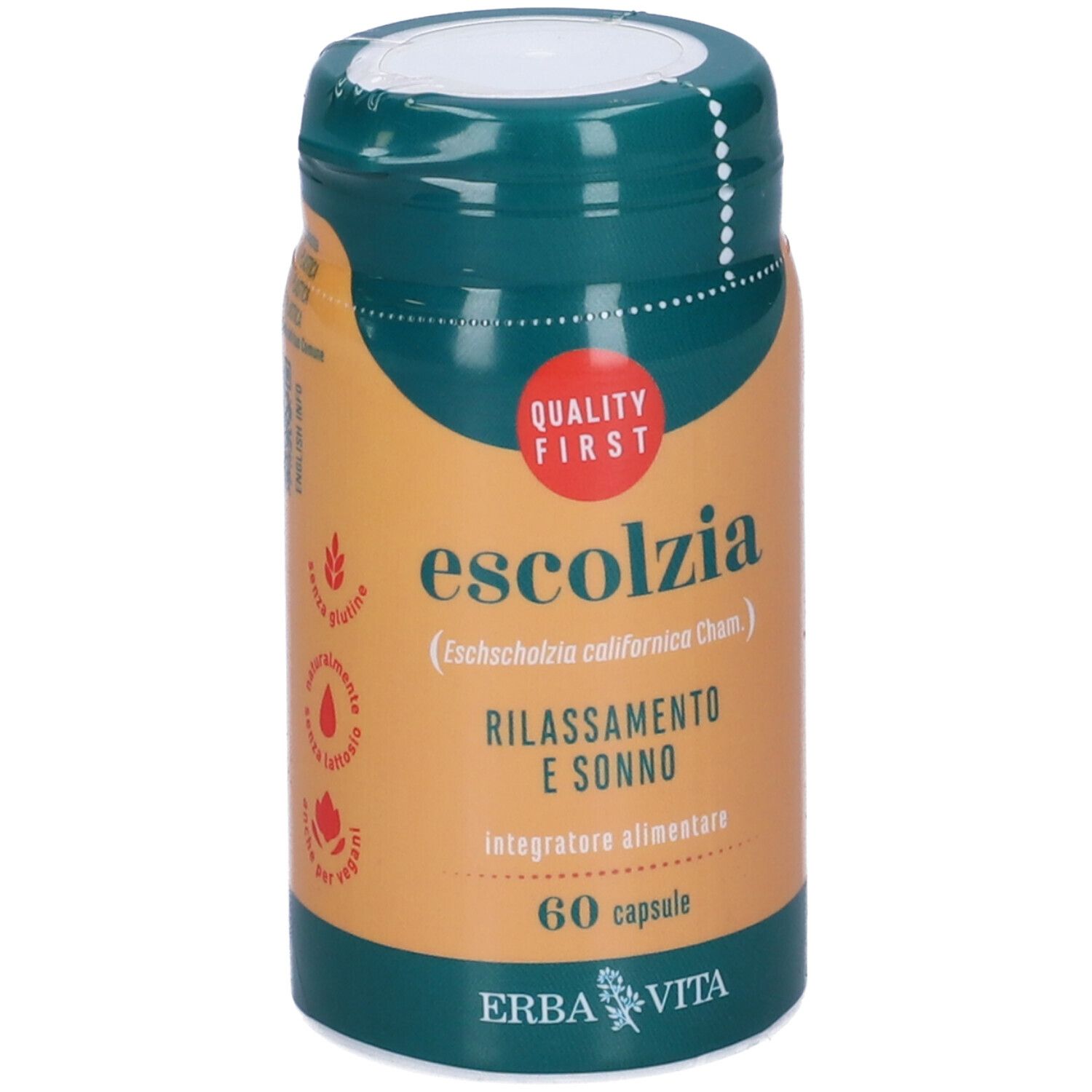 Flacone verde e arancione con 'Escolzia', '60 capsule' e logo 'ERBA VITA'. Adesivo 'QUALITY FIRST'.